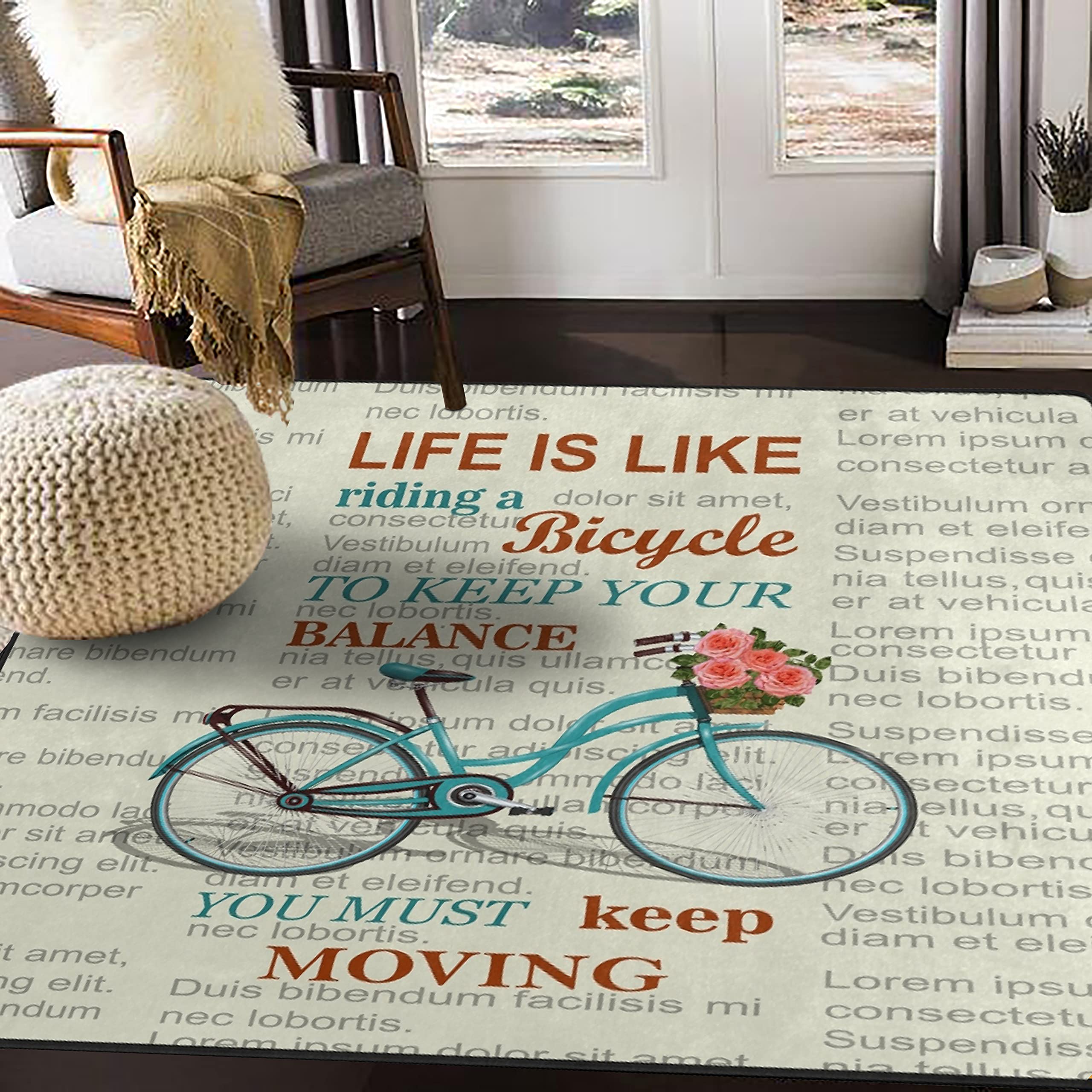 ALAZA Inspirational Quote Newspaper Print Bicycle Design Area Rug - 7' x 5' Non-Slip Living Room & Bedroom Carpet - Perfect for Boho Home Decor, Dorm Room & Office Spaces