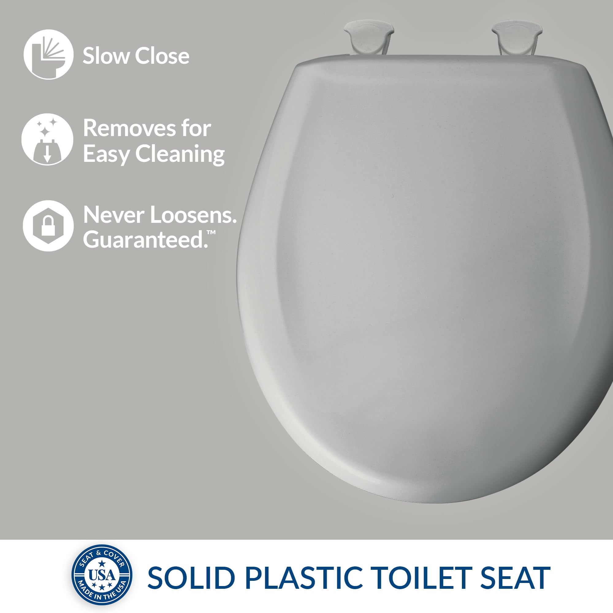 Bemis Classic Colors Slow Close Toilet Seat - Easy Clean Hinges & Durable Plastic Round Toilet Seat Cover in Ice Grey | Perfect for Bathroom Upgrade & Home Renovation