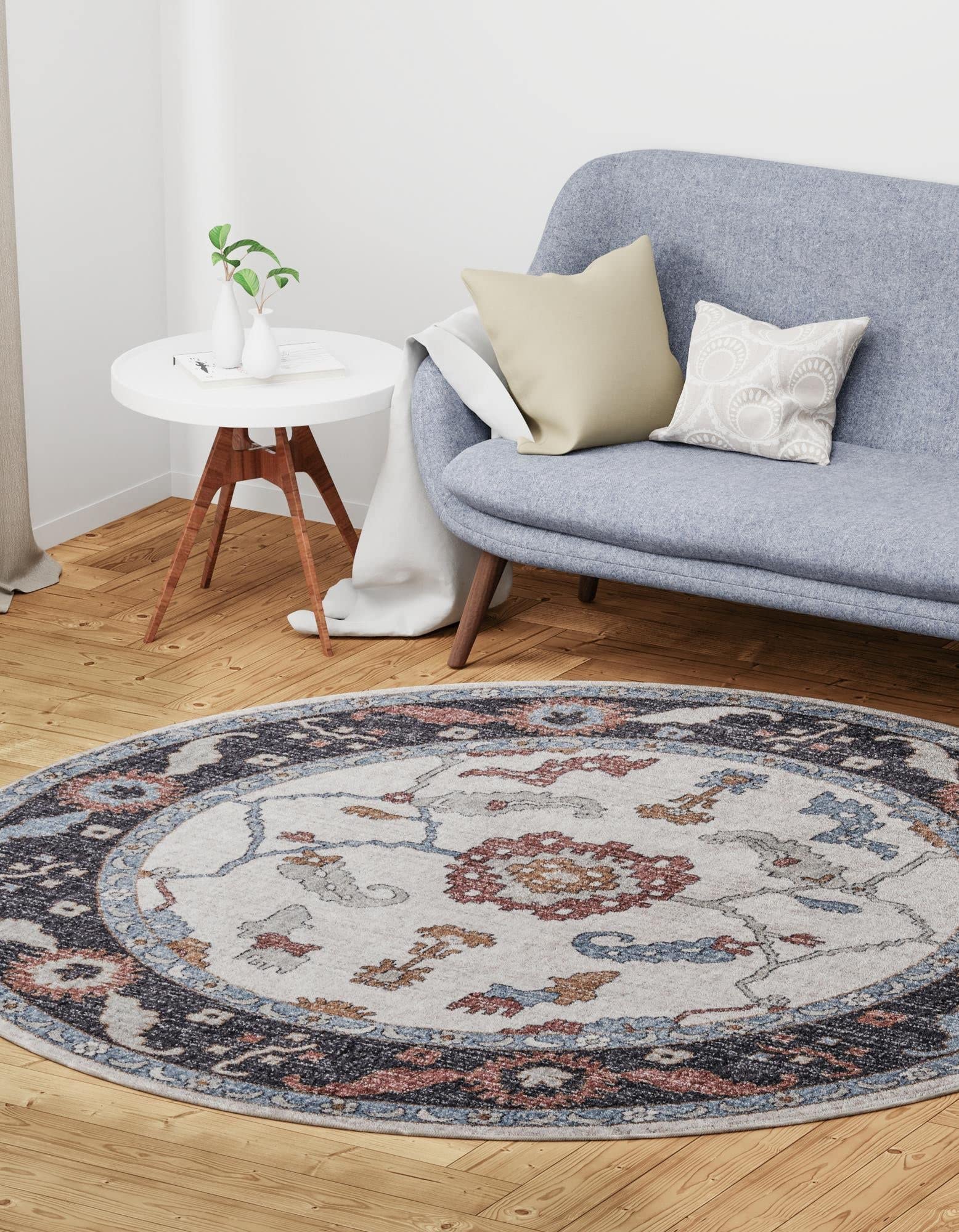 Unique Loom Eco-Friendly Traditional Collection Round Area Rug 7' x 7' Ivory Beige - Perfect for Living Room, Bedroom & Home Decor
