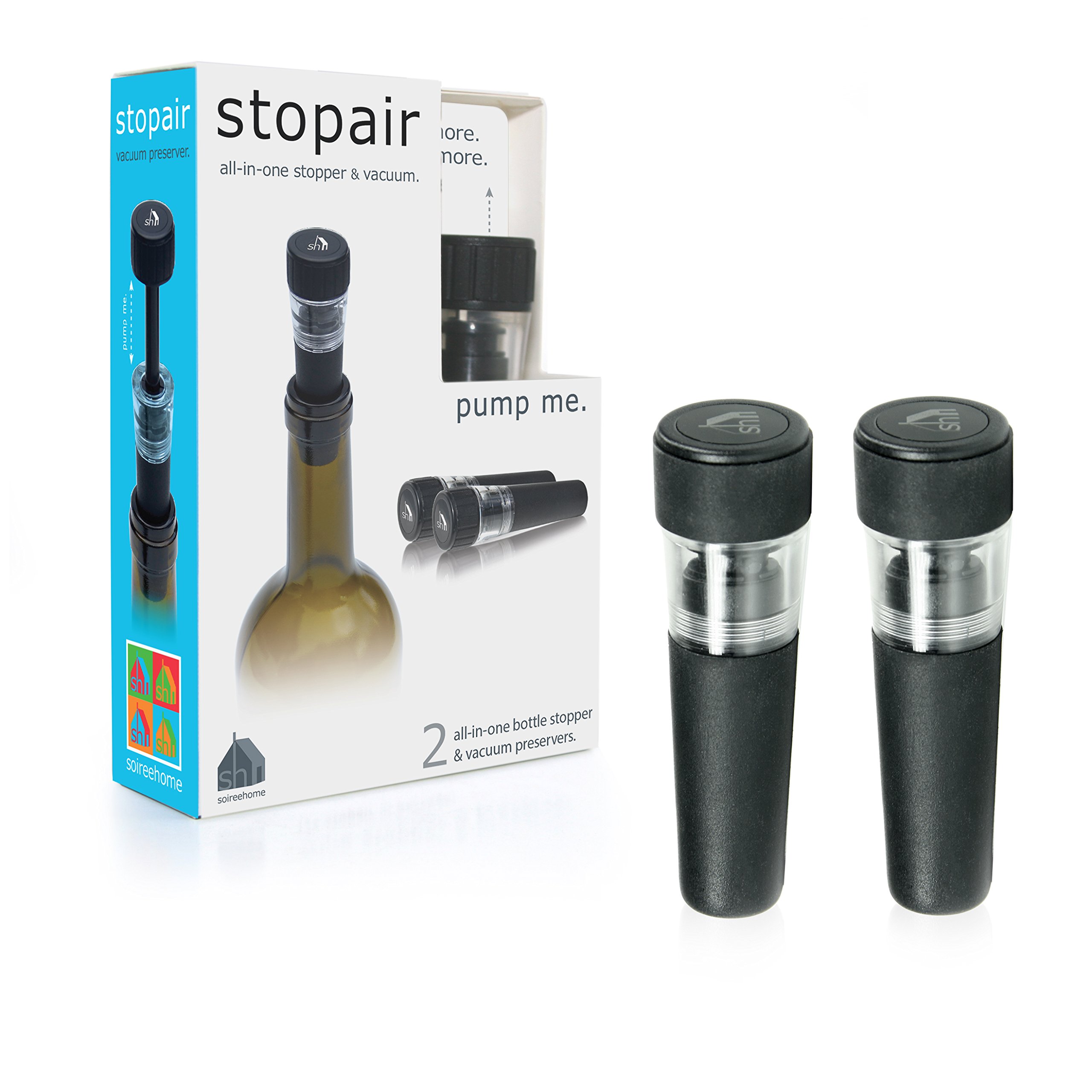 Soireehome Stopair Vacuum Sealer Pump Wine Cork and Bottle Stopper Set of 2 - Extend Freshness for Wine, Oil, Vinegar & Liquor - Air Tight Preservation System for Longer Shelf Life - Perfect for Home Bars, Restaurants & Gifts