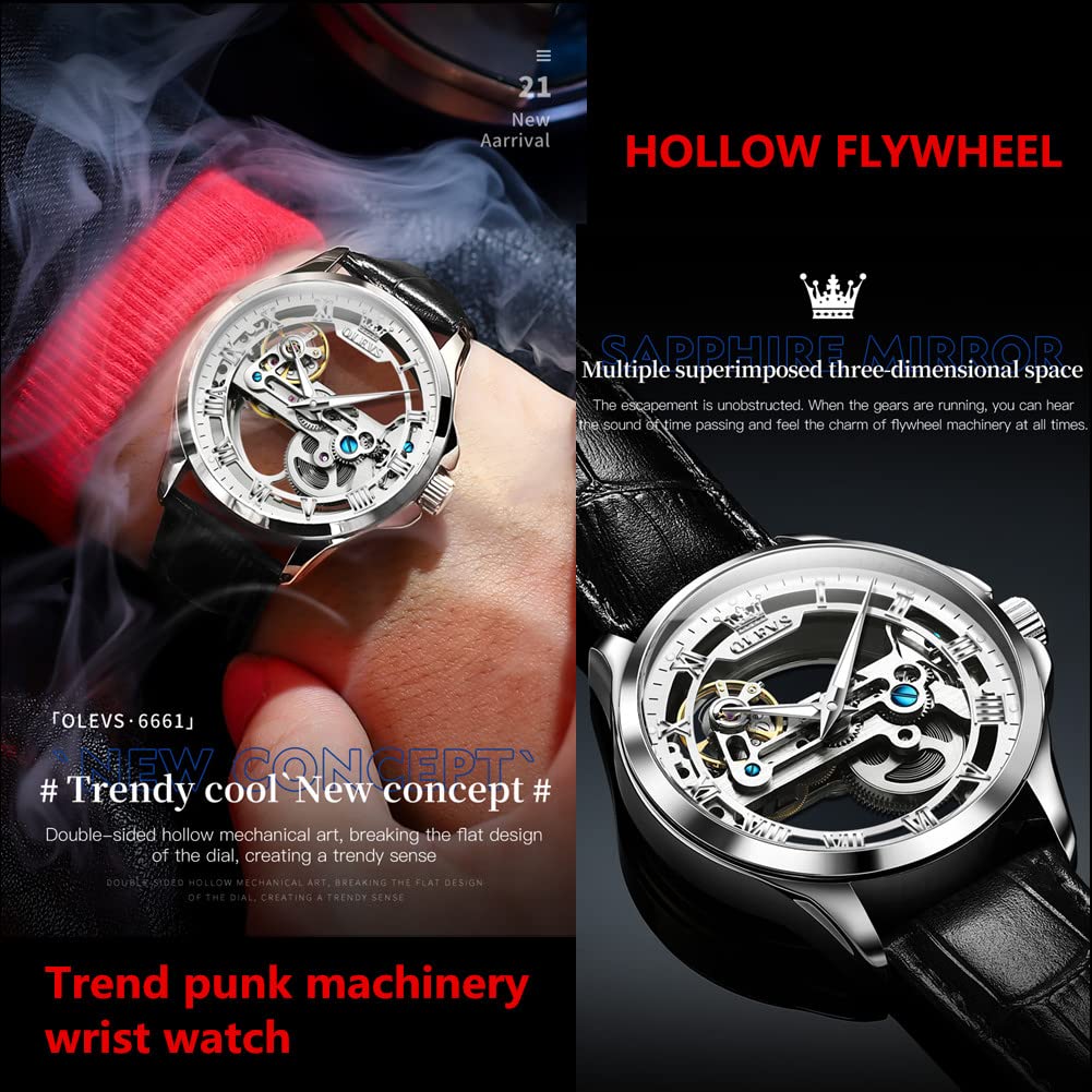 OLEVS Men's Automatic Self-Winding Leather Watch - Fashionable Waterproof Chronograph Wristwatch for Young Men | Perfect for Business, Casual Wear & Special Occasions