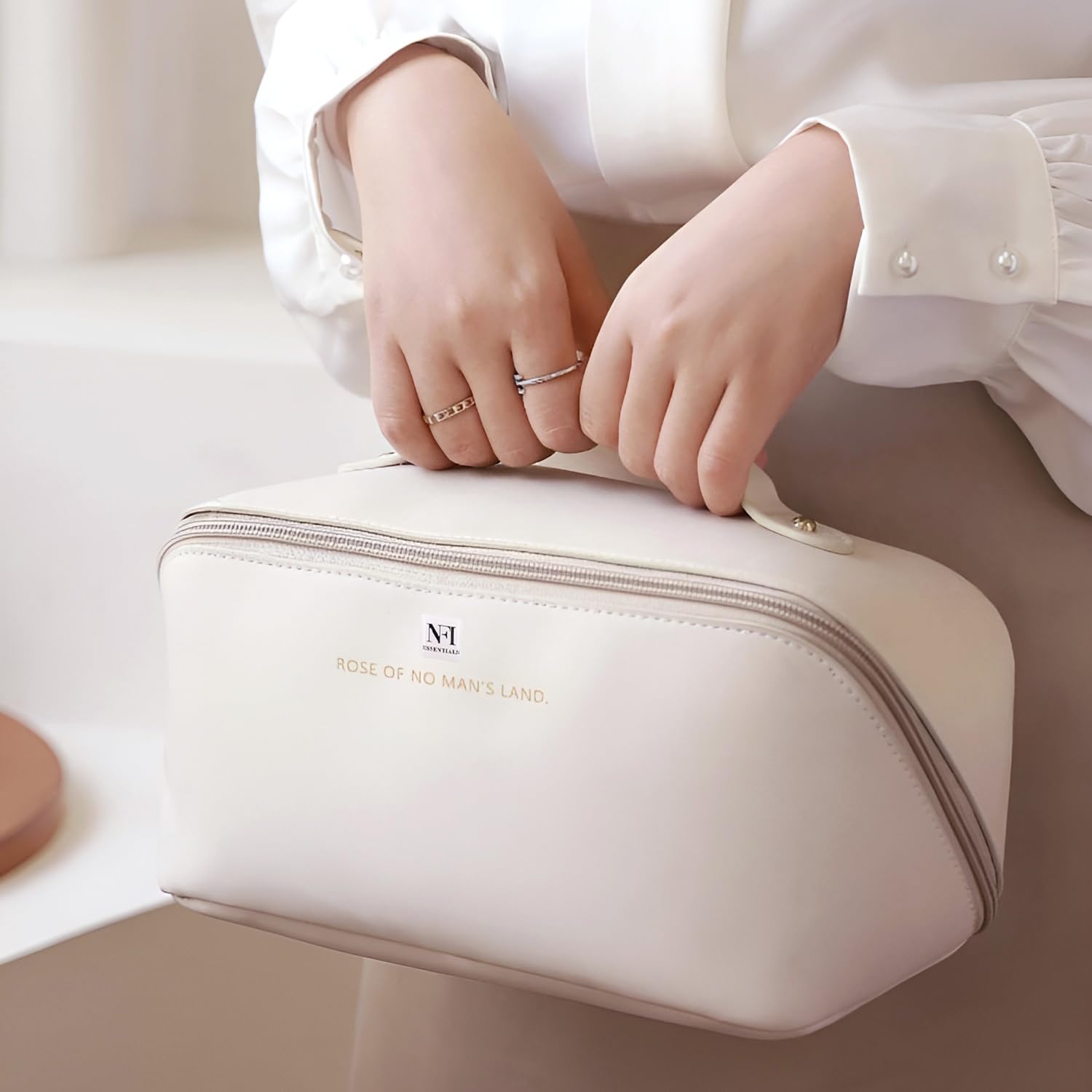 NFI Essentials Women's Leather Cosmetic Travel Organizer Bag - Portable Makeup Pouch & Toiletry Bag with Wide Opening, Handle & Divider - Perfect for Air Travel, Gym & Weekend Getaways