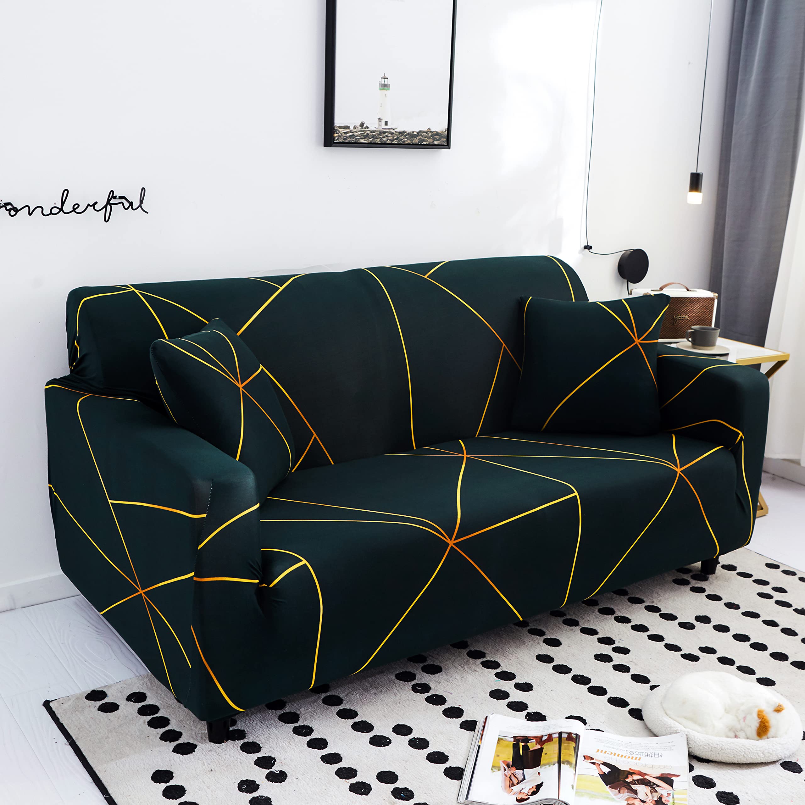 HOOBUY Stretch Sofa Cover for 2 Cushion Couch & Loveseat - Printed Slipcover with 2 Free Pillow Cases (2 Seater/Loveseat) - Perfect for Living Room, Bedroom & Home Decor Protection
