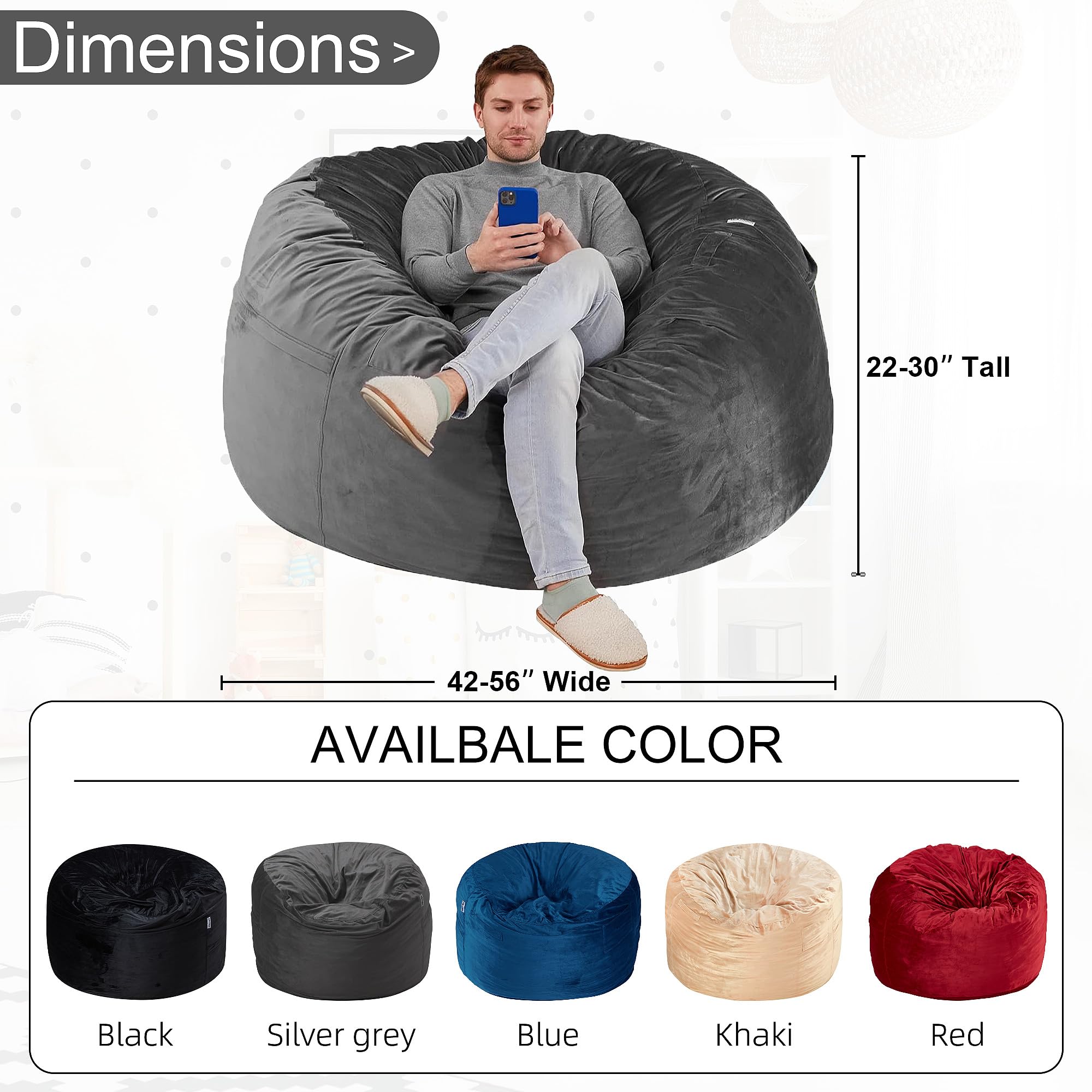 HABUTWAY 4' Giant Memory Foam Bean Bag Chair for Adults - Ultra Soft Microfiber Cover, 4 Feet Large Lounger (Grey) - Perfect for Living Room, Bedroom, Game Room & Dorm Relaxation