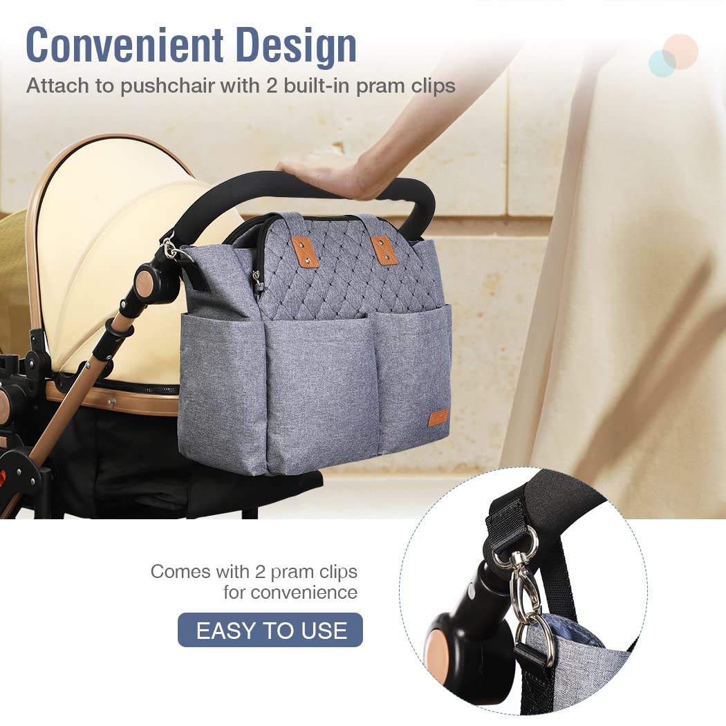 Lekebaby Waterproof Diaper Bag Tote - Large Baby Bag for Moms, Hospital & Travel - Grey Messenger Purse | Perfect for Newborn Essentials, Daycare & Family Outings