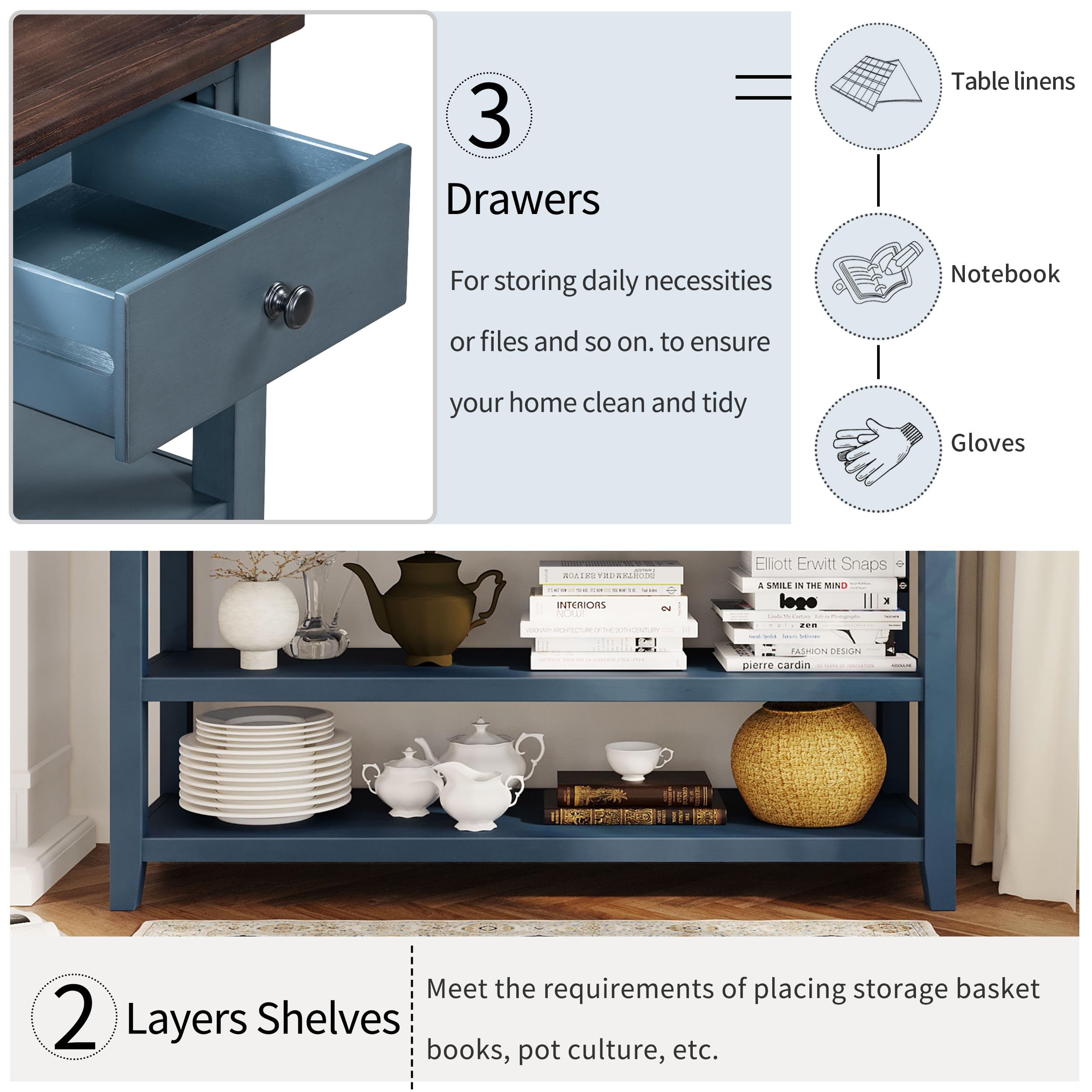 Rustic 50-Inch Long Console Table with 3 Drawers & 2-Tier Open Shelf - Entryway Sofa Table for Living Room, Hallway, Foyer - Farmhouse Style Storage Furniture for Home Decor