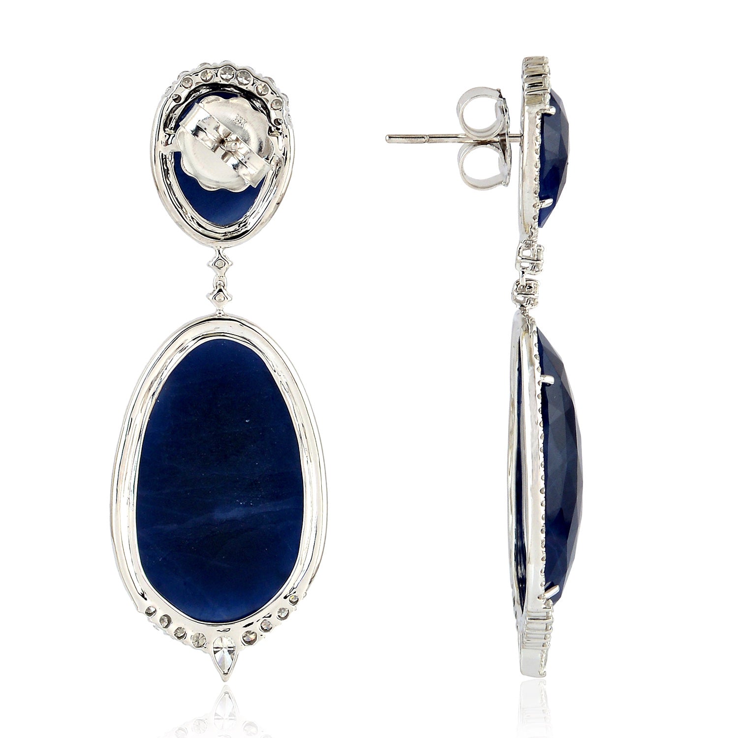 Blue Sapphire Micro Pave Rose Cut Diamond Earrings in 18K White Gold - Elegant Jewelry for Weddings, Anniversaries & Special Occasions