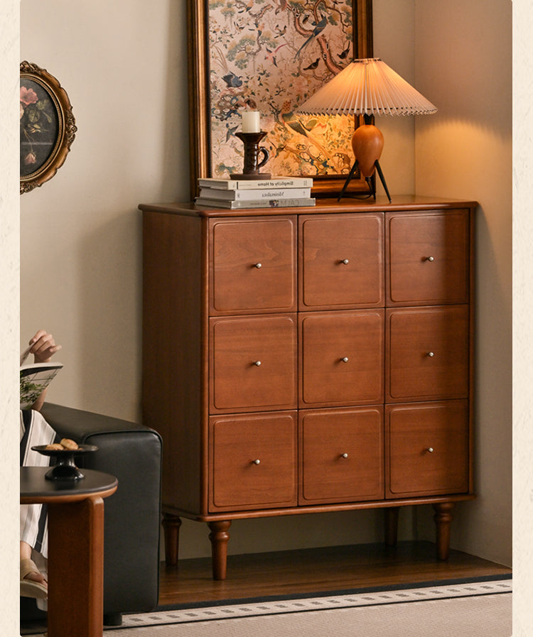 Vintage French Retro 9-Drawer Solid Poplar Wood Cabinet - Elegant Storage for Bedroom, Living Room & Office