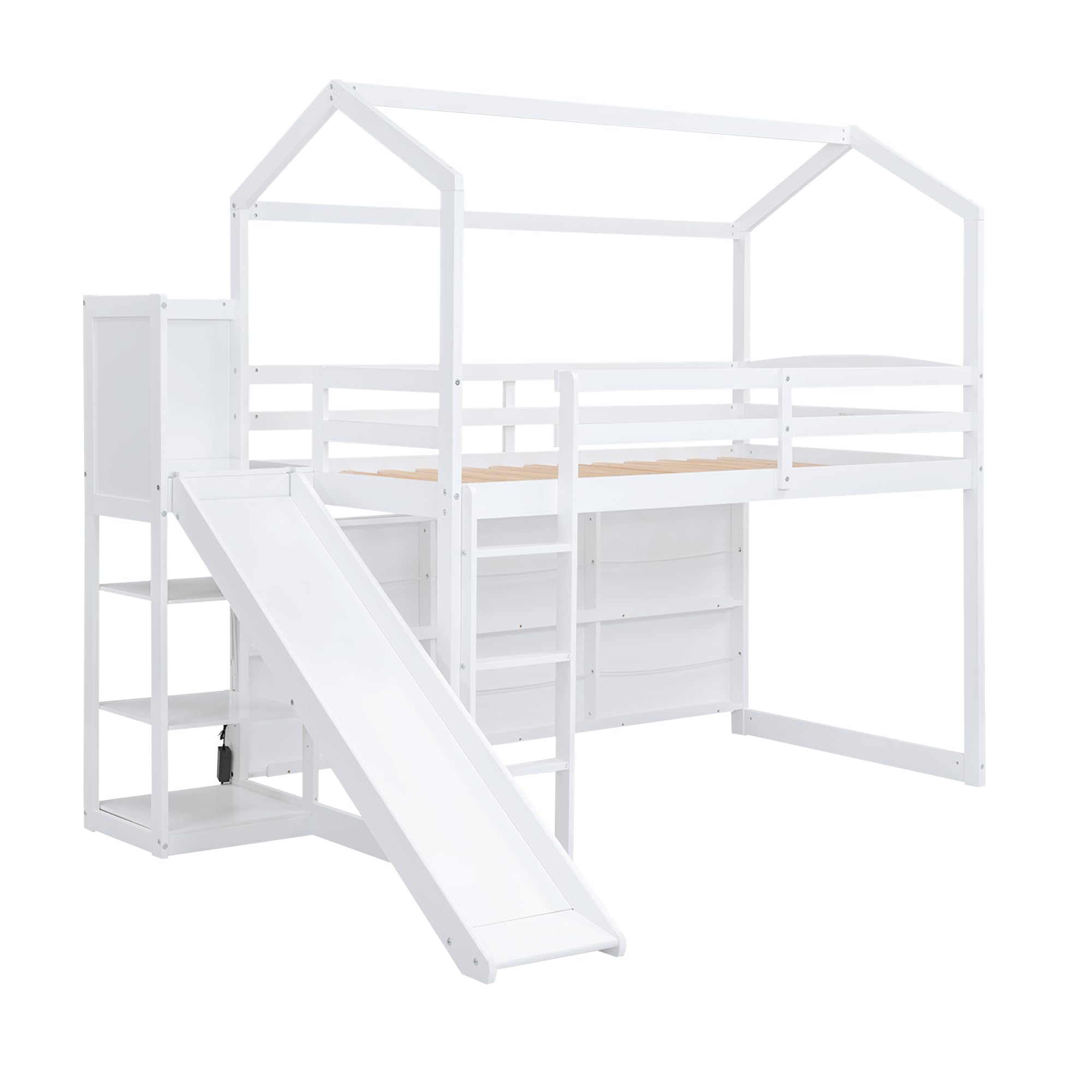 Harper & Bright Designs Twin Size Wooden Loft Bed with Slide, Storage Shelves & Light - Kids Playhouse Bed for Boys & Girls in White - Perfect for Small Bedrooms, Playrooms & Space-Saving Kids' Furniture