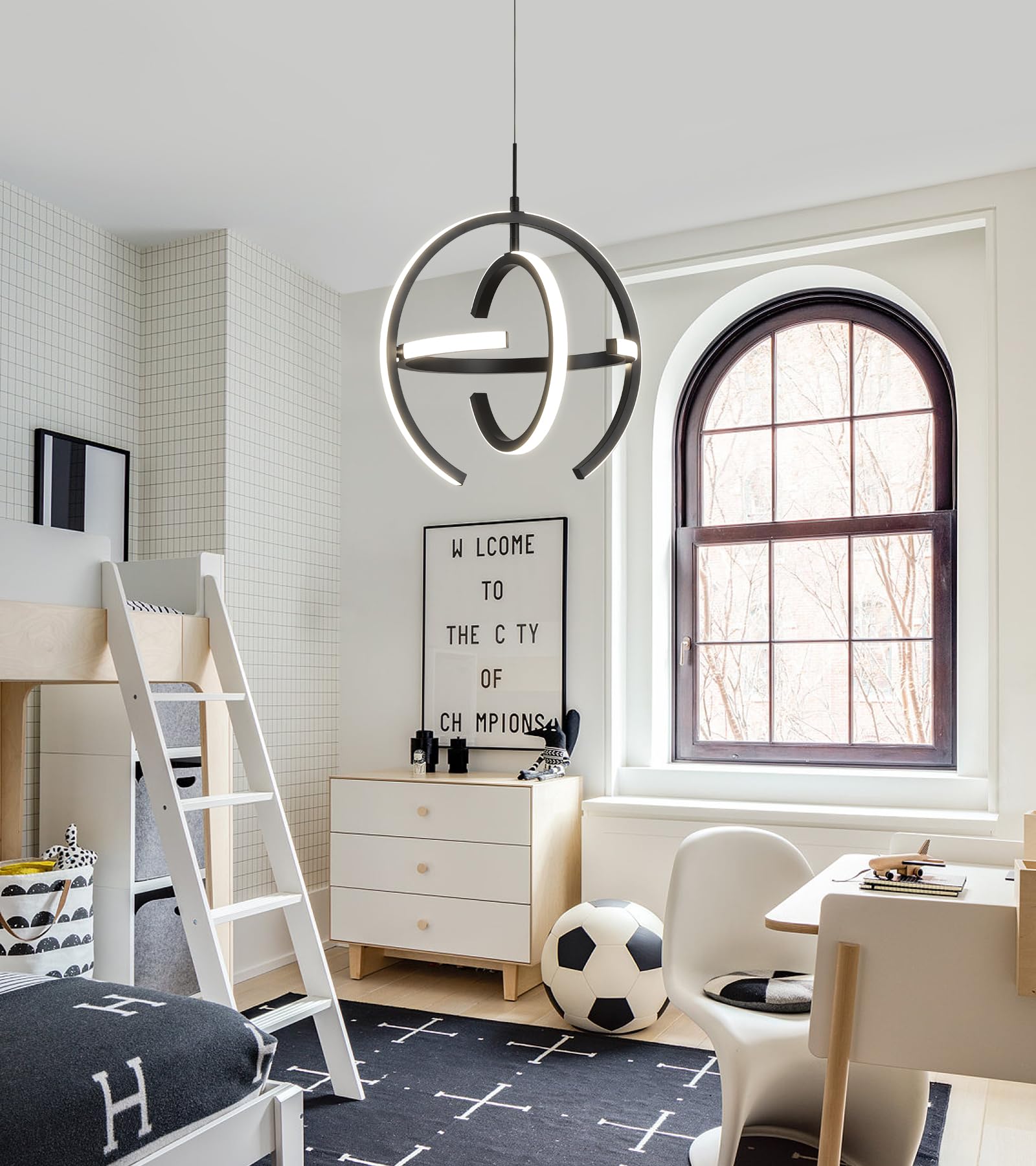 Q&S Modern LED Chandelier - Black Round Globe Hanging Pendant Light Fixture for Entryway, Kitchen Island, Dining Room, Living Room & Stairway - Perfect for Home Decor, Restaurant Lighting & Commercial Spaces