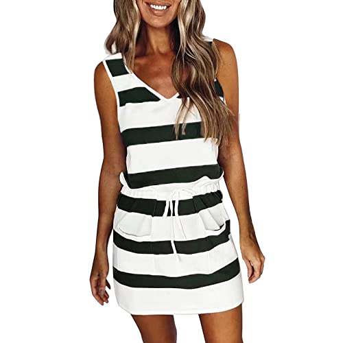 Ruziyoog Women's Summer Stripe Short Sleeve Dress - Casual V-Neck Tie Waist Mini Bodycon Dress with Pockets | Perfect for Beach Outings, Date Nights & Summer Vacations