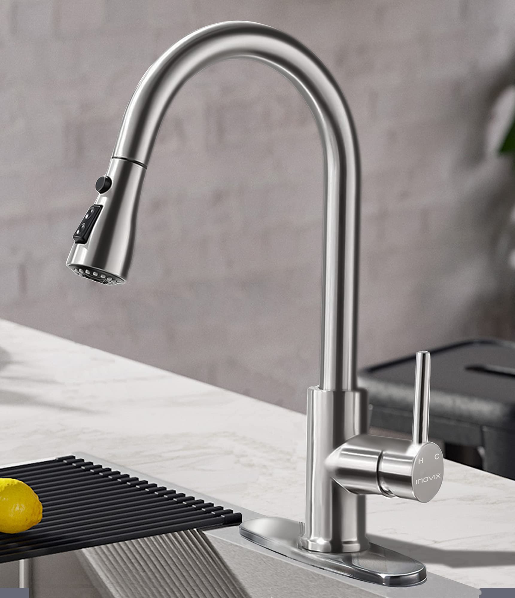 INOVIX Brushed Nickel High Arc Stainless Steel Kitchen Faucet with Pull Down Sprayer - 3 Function Spray Modes, Single Handle Design for Bar, Laundry, RV & Utility Sinks | Perfect for Modern Kitchens, Small Spaces & Mobile Homes