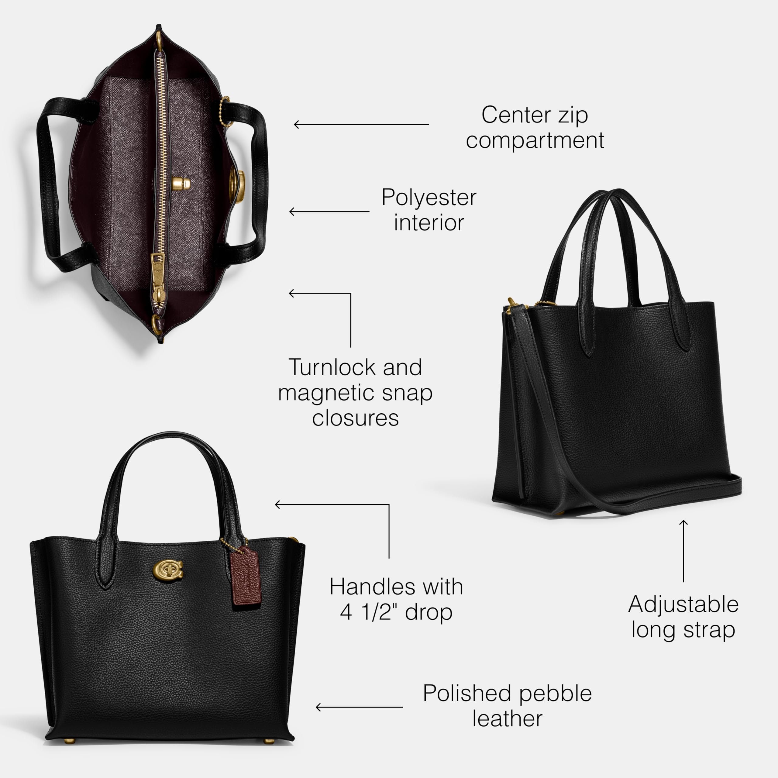 COACH Polished Pebble Leather Willow Tote 24 - Premium Black Leather Handbag for Women | Stylish Work Bag, Everyday Purse & Travel Tote