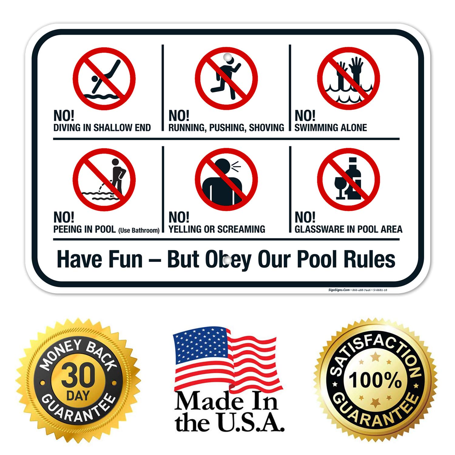 Pool Rules Sign - 12x18 Inches Rust-Free .063 Aluminum, Fade-Resistant Backyard Sign for Swimming Pools, Made in USA - Ideal for Residential & Public Pools, Spas, Water Parks