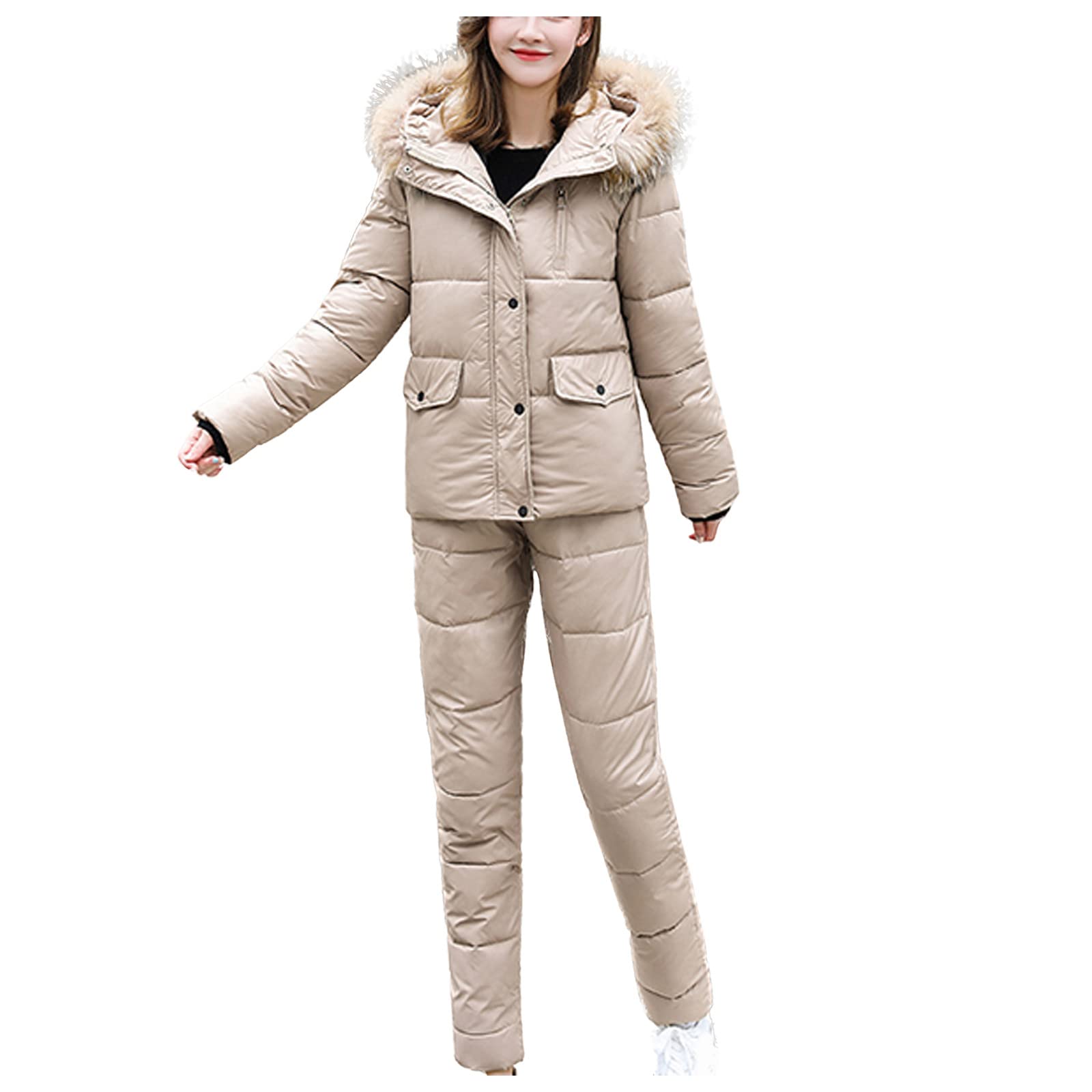 Women's Thickened Down Jacket with Hood - Winter Warm Solid Coat & Pants Set for Snowboarding, Skiing & Outdoor Sports - Waterproof Zipper Design for Extreme Cold Weather