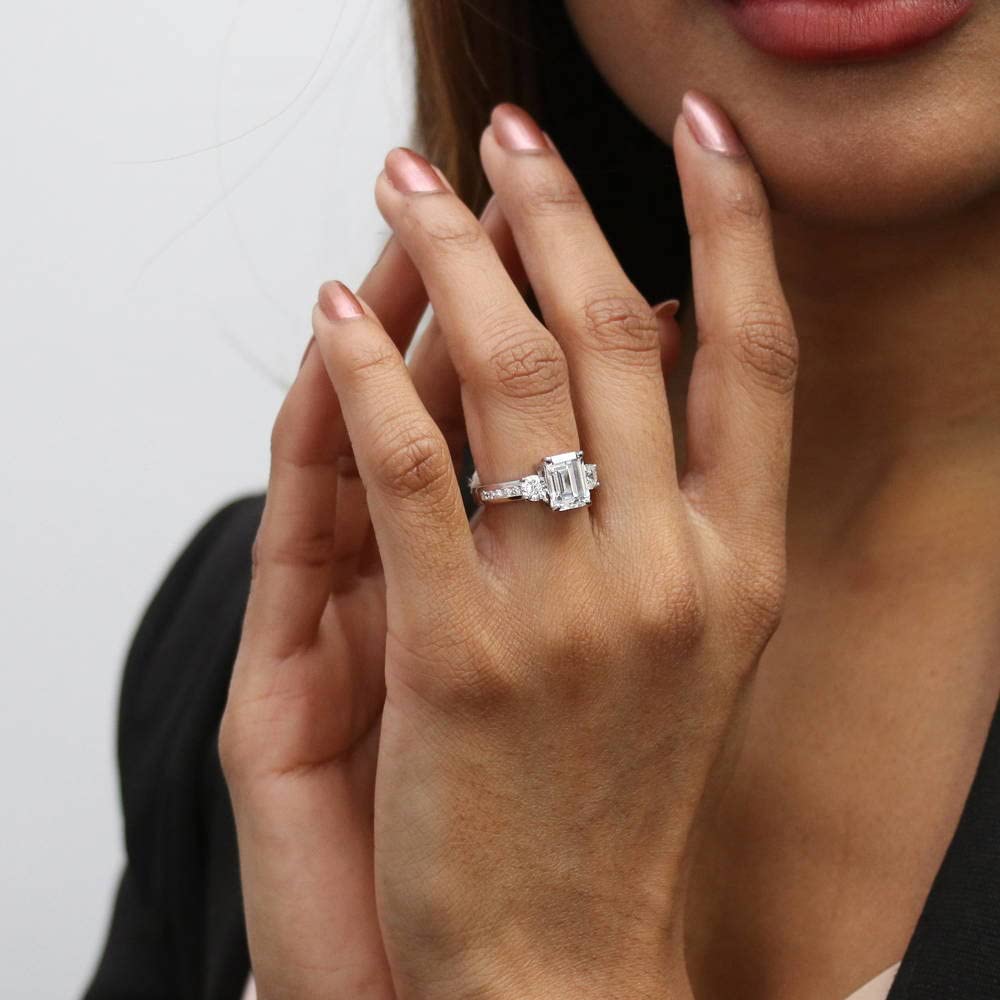 BERRICLE Sterling Silver 3-Stone Wedding & Engagement Ring 2.1 Carat Emerald Cut Cubic Zirconia CZ Promise Ring for Women, Rhodium Plated Size 4-10 - Perfect for Proposals, Anniversaries & Special Occasions