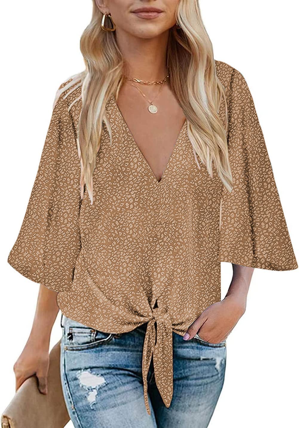 Stylish Women's Summer Casual 3/4 Sleeve V-Neck Tie Front Boho Floral Blouse - Perfect for Beach Outings, Date Nights & Summer Vacations