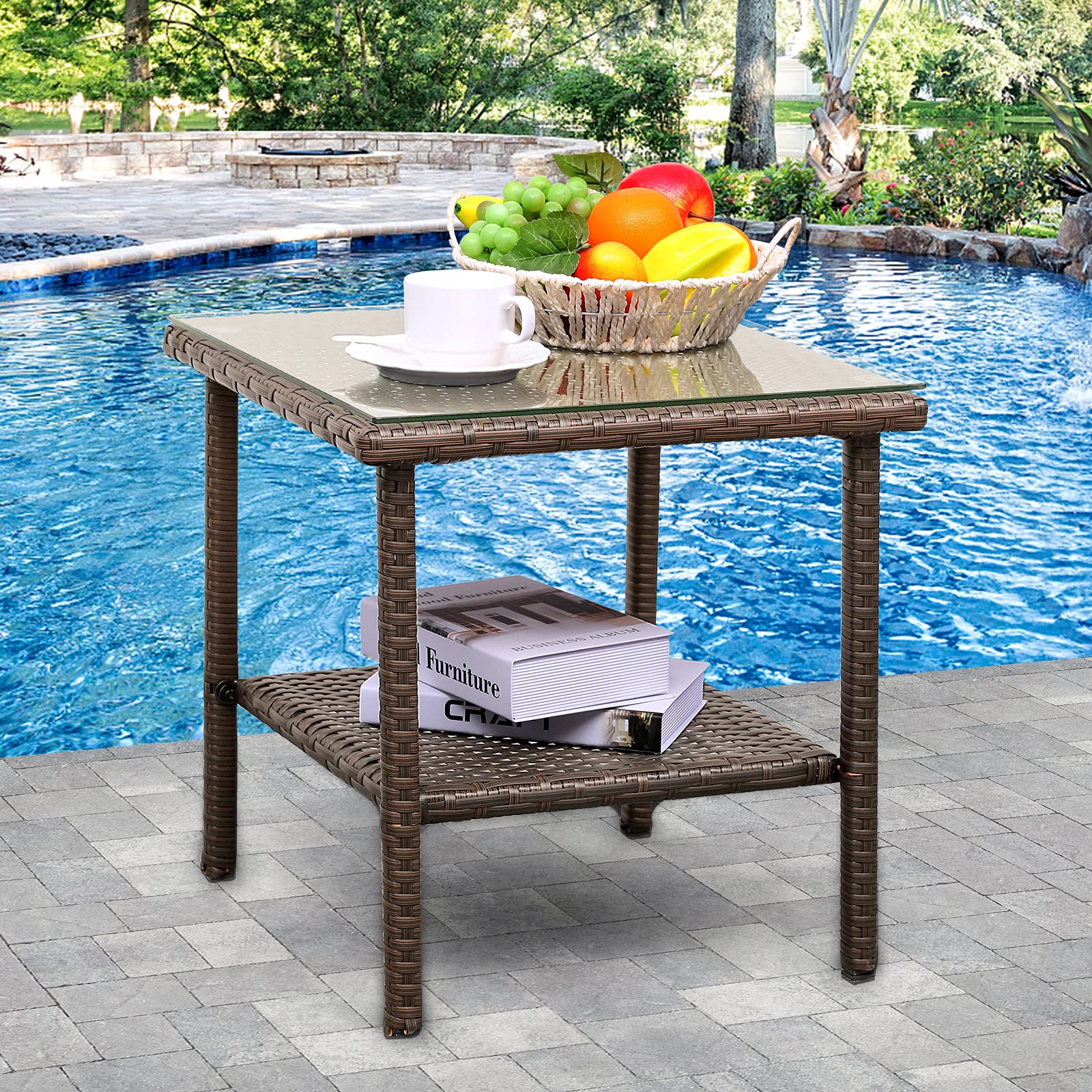 Outdoor PE Wicker Side Table - Rattan Patio Coffee Table with Glass Top, 2-Tier Square End Table for Garden, Balcony & Poolside - Mix Brown Furniture for Outdoor Relaxation & Entertaining