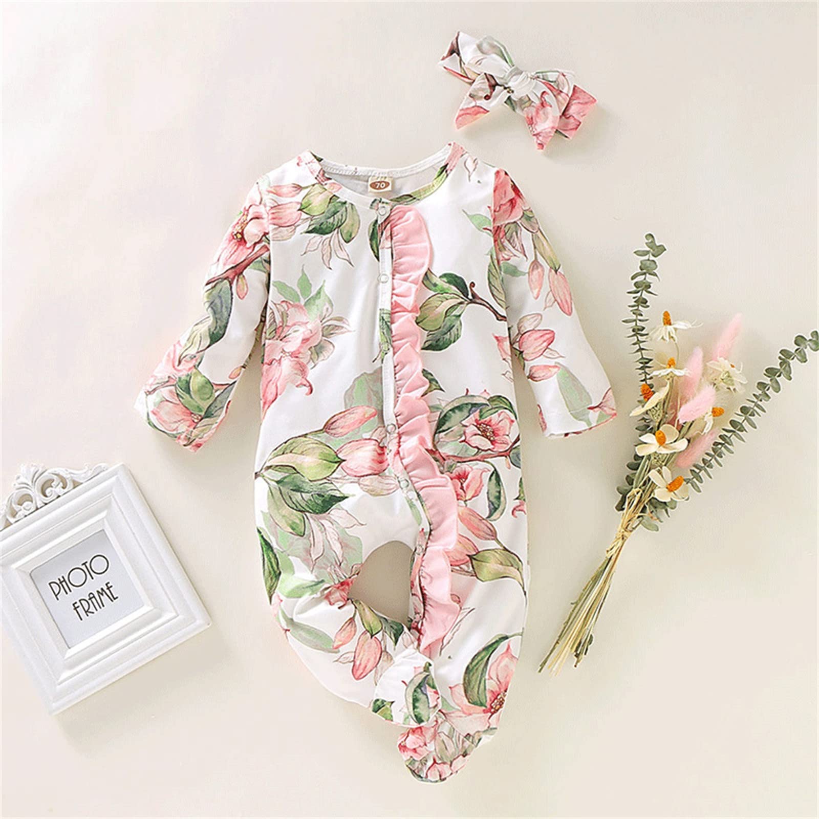 Adorable Baby Girl & Boy Floral Ruffle Footed Sleeper Romper & Headband Set - Newborn Infant Bodysuit Outfit for Photo Shoots, Parties & Everyday Wear