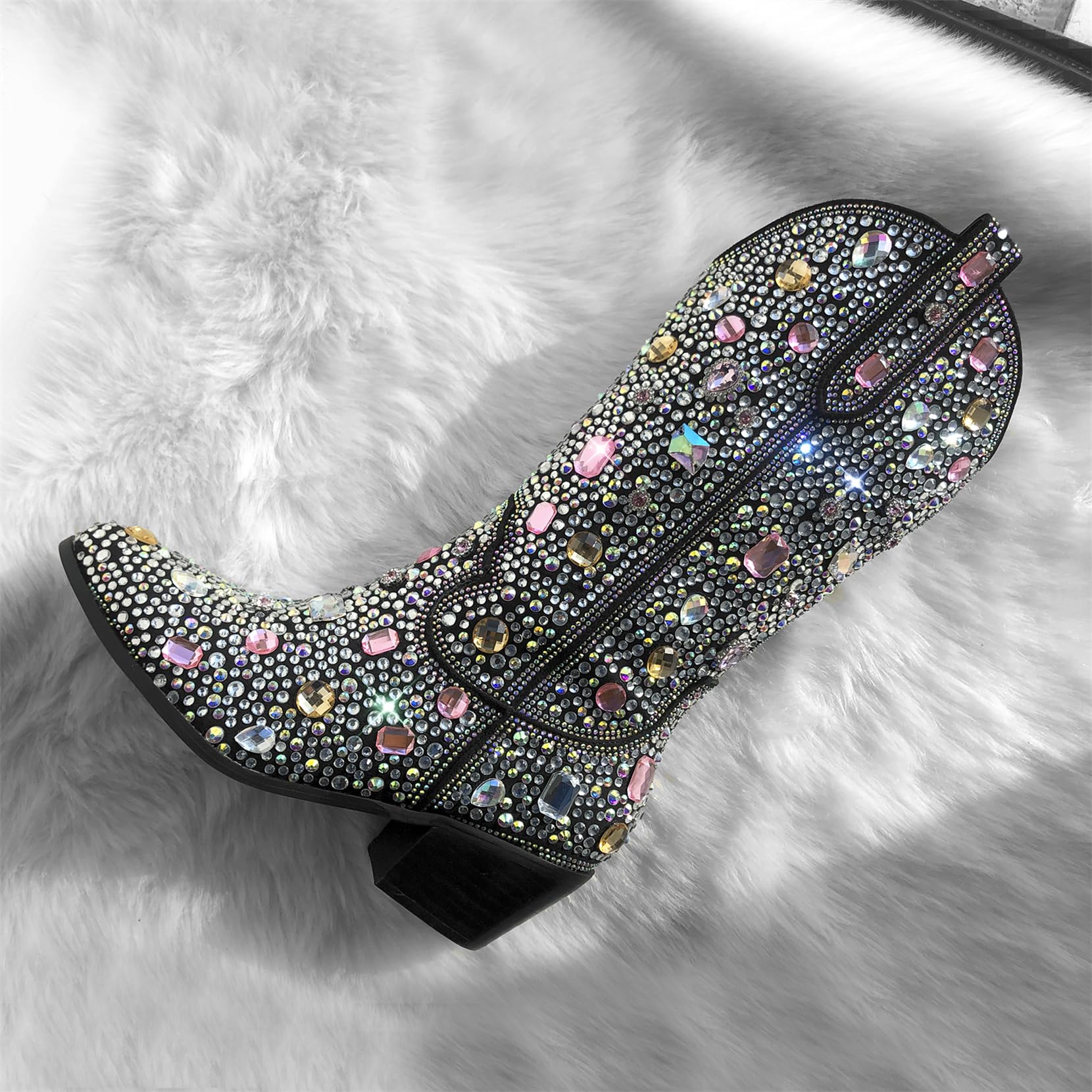 Sparkly Rhinestone Cowboy Cowgirl Boots for Women - 2 Inch Heel Calf High Western Boots with Pull-On Tabs | Perfect for Country Dancing, Rodeos & Festive Occasions