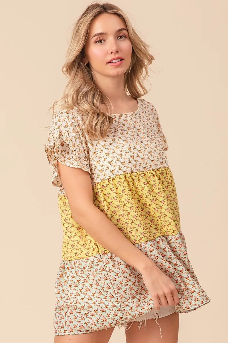 BiBi Floral Printed Woven Color Block Tiered Blouse - Women's Fashion Boho Chic Tunic Top for Casual Wear, Summer Outfits & Beach Vacations