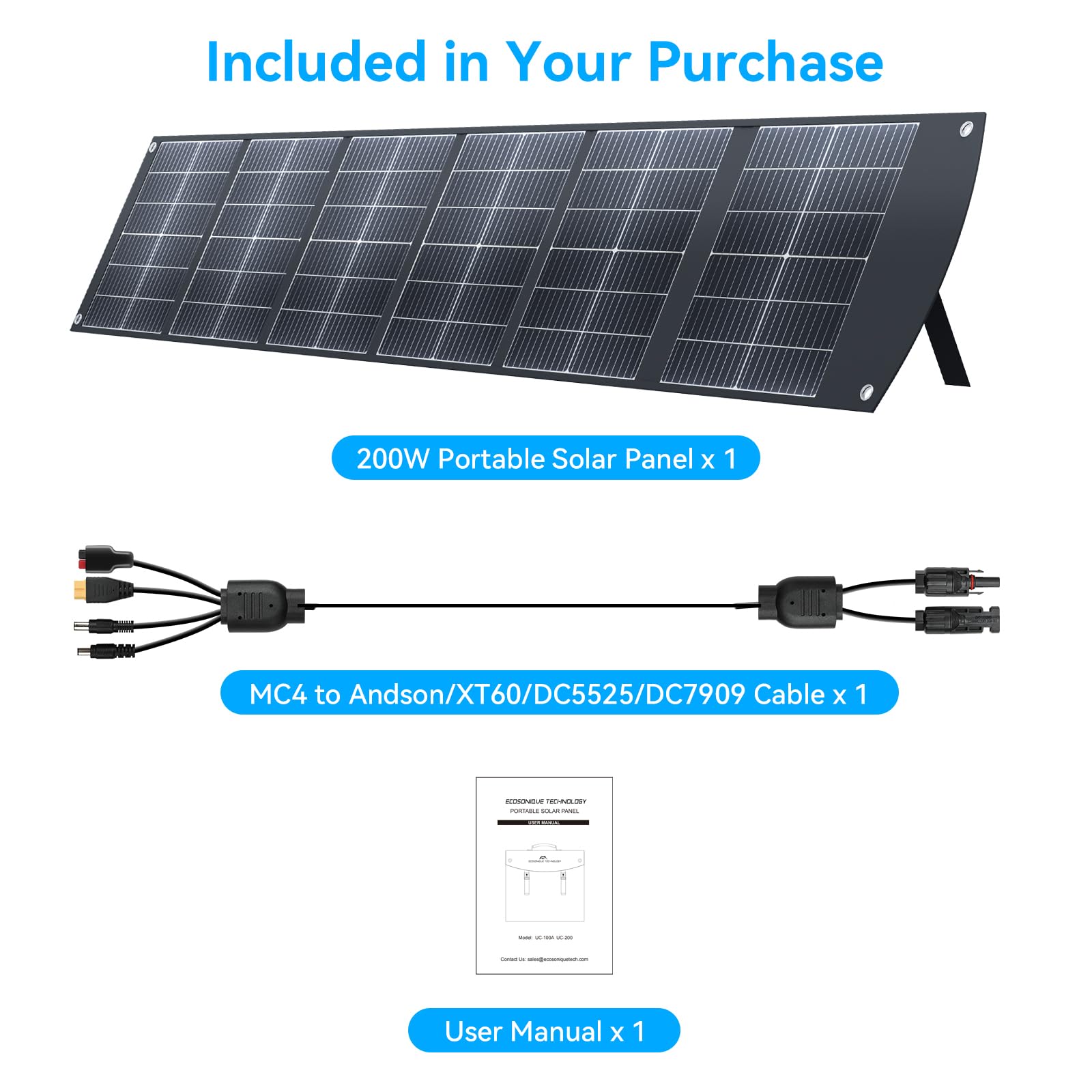 Ecosonique 200W Portable Solar Panel for Power Stations - Foldable Lightweight Solar Charger with Kickstand, USB-C PD3.0 & USB-A QC3.0, MC4 Output - Perfect for Solar Generators, RV Camping, Hiking & Outdoor Adventures