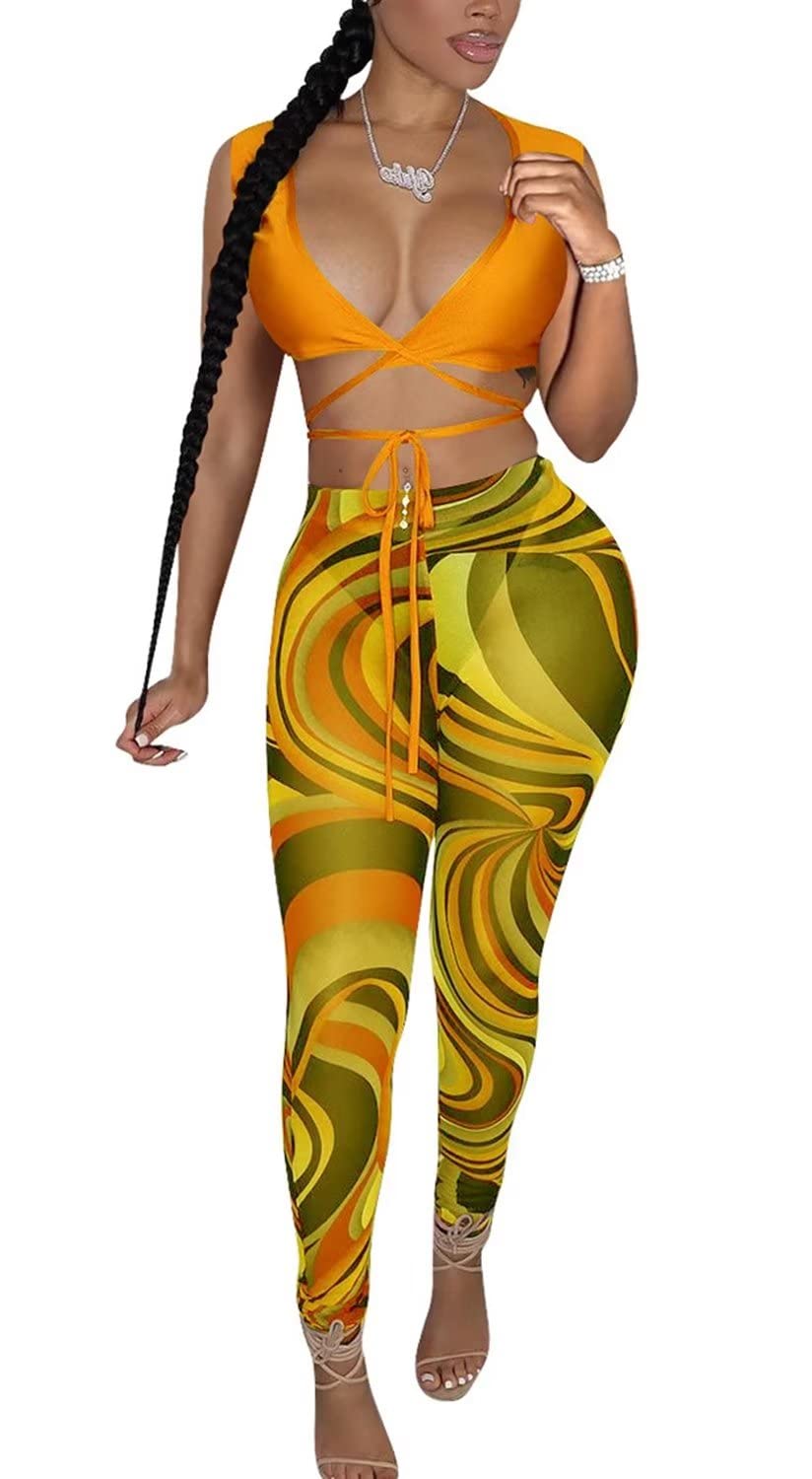 Women's Sexy 2-Piece Sheer Mesh Pencil Pants & Cropped Tank Top Jumpsuit Set - Perfect for Date Night, Club Outfits, and Summer Fashion