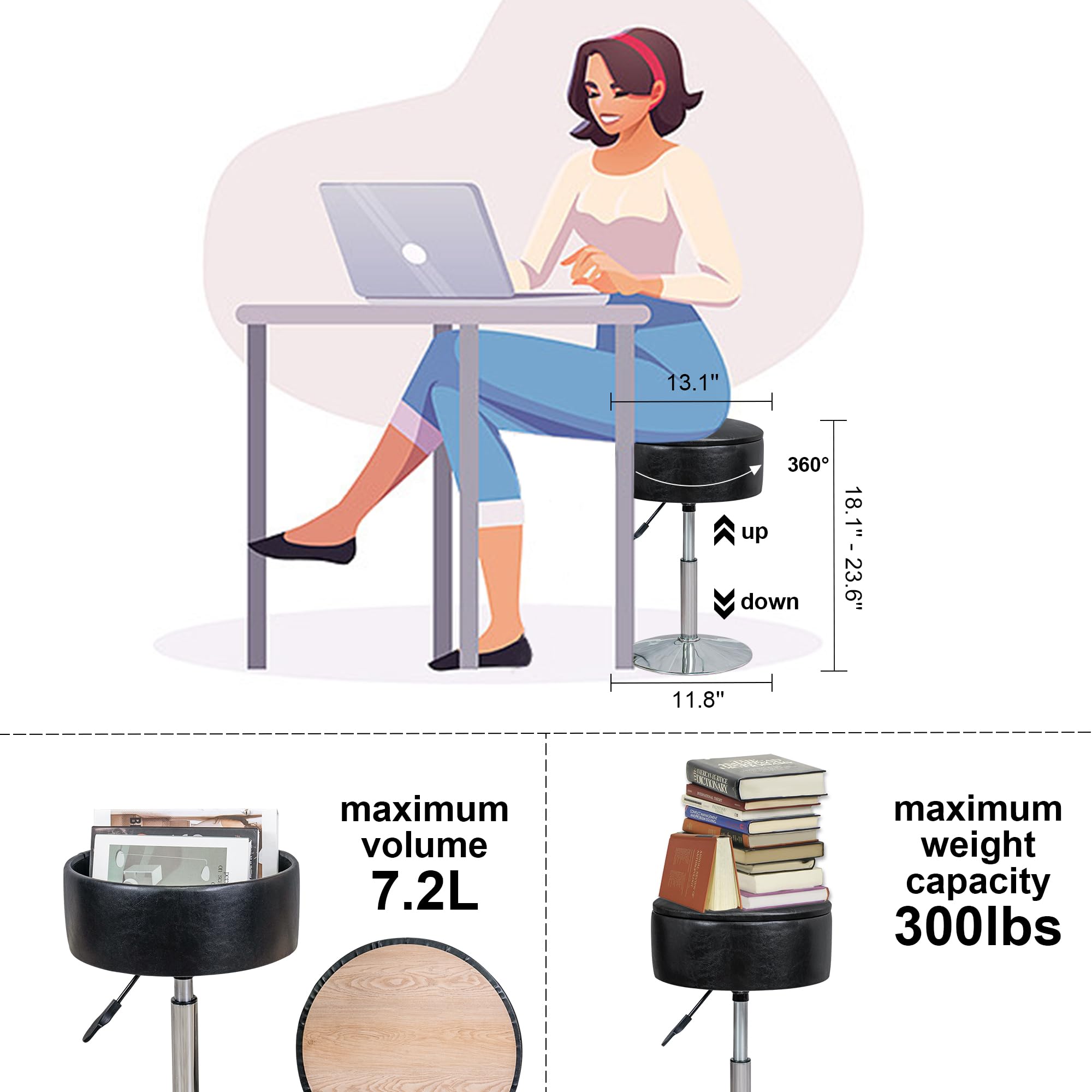 Adjustable Leather Vanity Stool with Storage - 360° Swivel Makeup Chair for Bedroom & Living Room, Round Ottoman Footrest (Black) - Perfect for Dressing Tables, Beauty Rooms & Home Decor