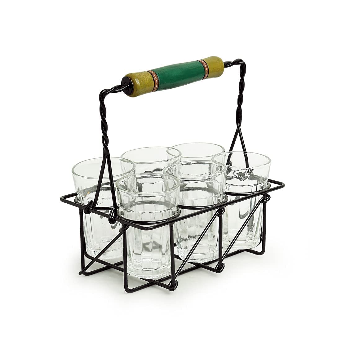 ExclusiveLane 'The Railway Nostalgia' Handpainted Tea Glasses with Iron Stand - Set of 6 (120ml) - Indian Style Cutting Chai Cups for Home, Office & Traditional Tea Ceremonies - Perfect for Chai Lovers & Gift Giving