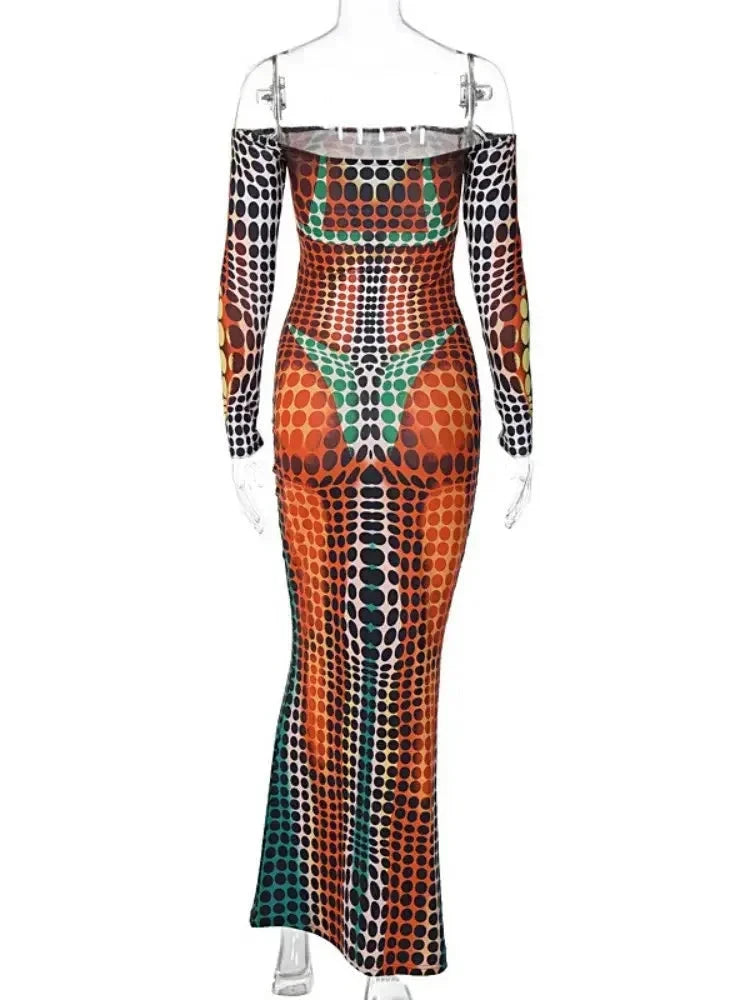 Sexy 3D Polka Dot Print Maxi Dress for Women - Off Shoulder Long Sleeve Bodycon Party Dress with Flare Hem | Perfect for Cocktail Parties, Date Nights & Special Occasions