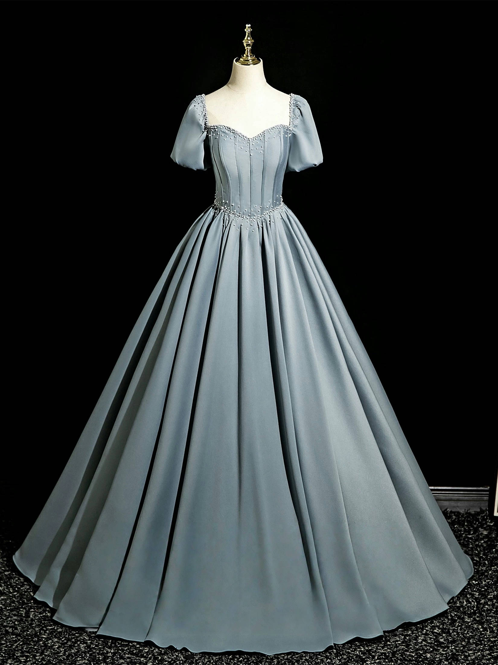 Elegant A-Line Sweetheart Neck Satin Long Prom Dress in Gray-Blue | Formal Evening Gown for Homecoming, Ball & Special Occasions