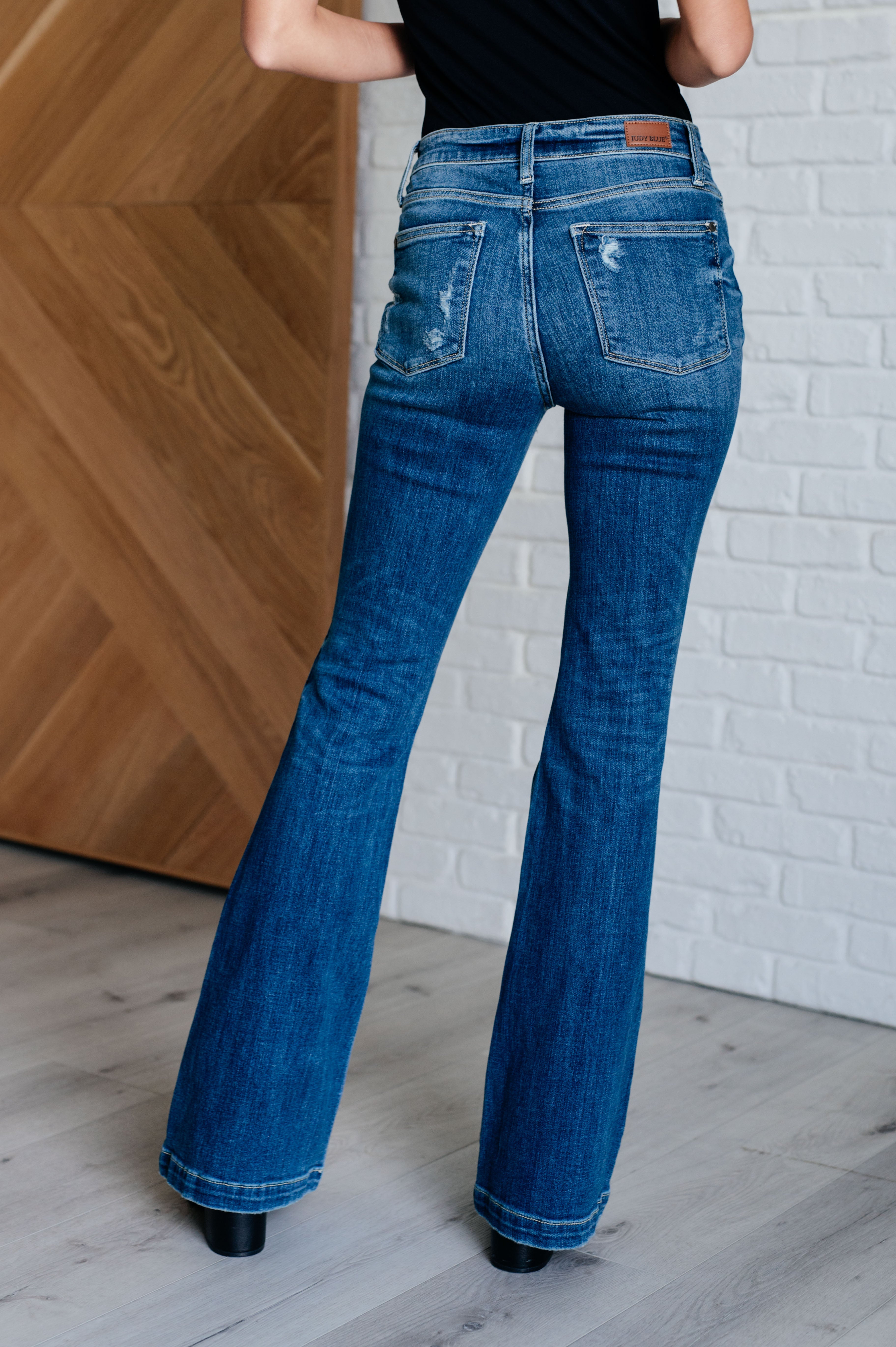 Gabriella Women's Mid Rise Distressed Button Fly Flare Jeans - Vintage Denim Pants for Casual Outfits & Street Style