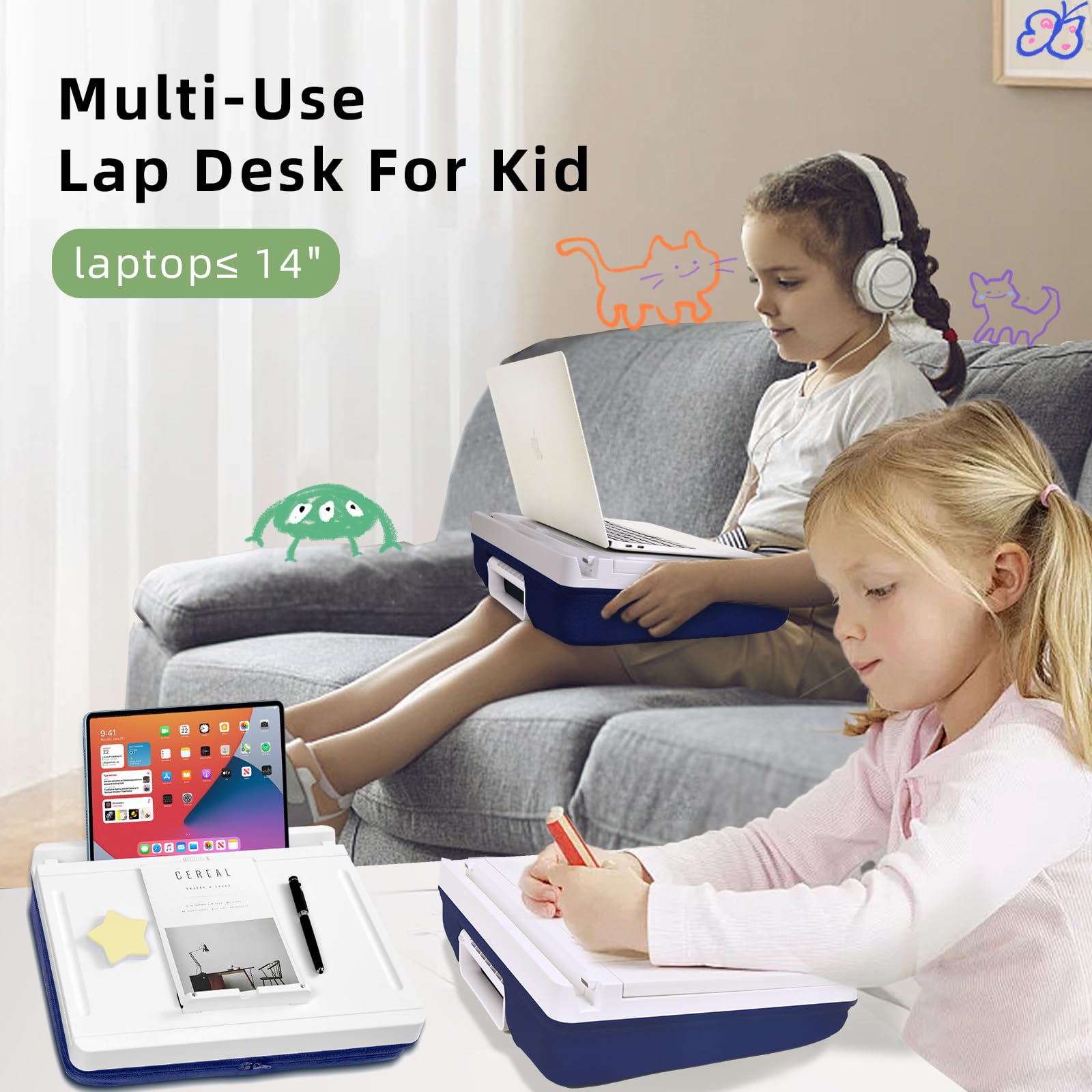Kids Lap Desk with Storage Cushion & Magnetic Whiteboard - Portable Double-Sided iPad Slot Lap Table for Children & Adults - Washable Study & Drawing Surface - Perfect for Bed, Sofa, Car & Homeschooling - White