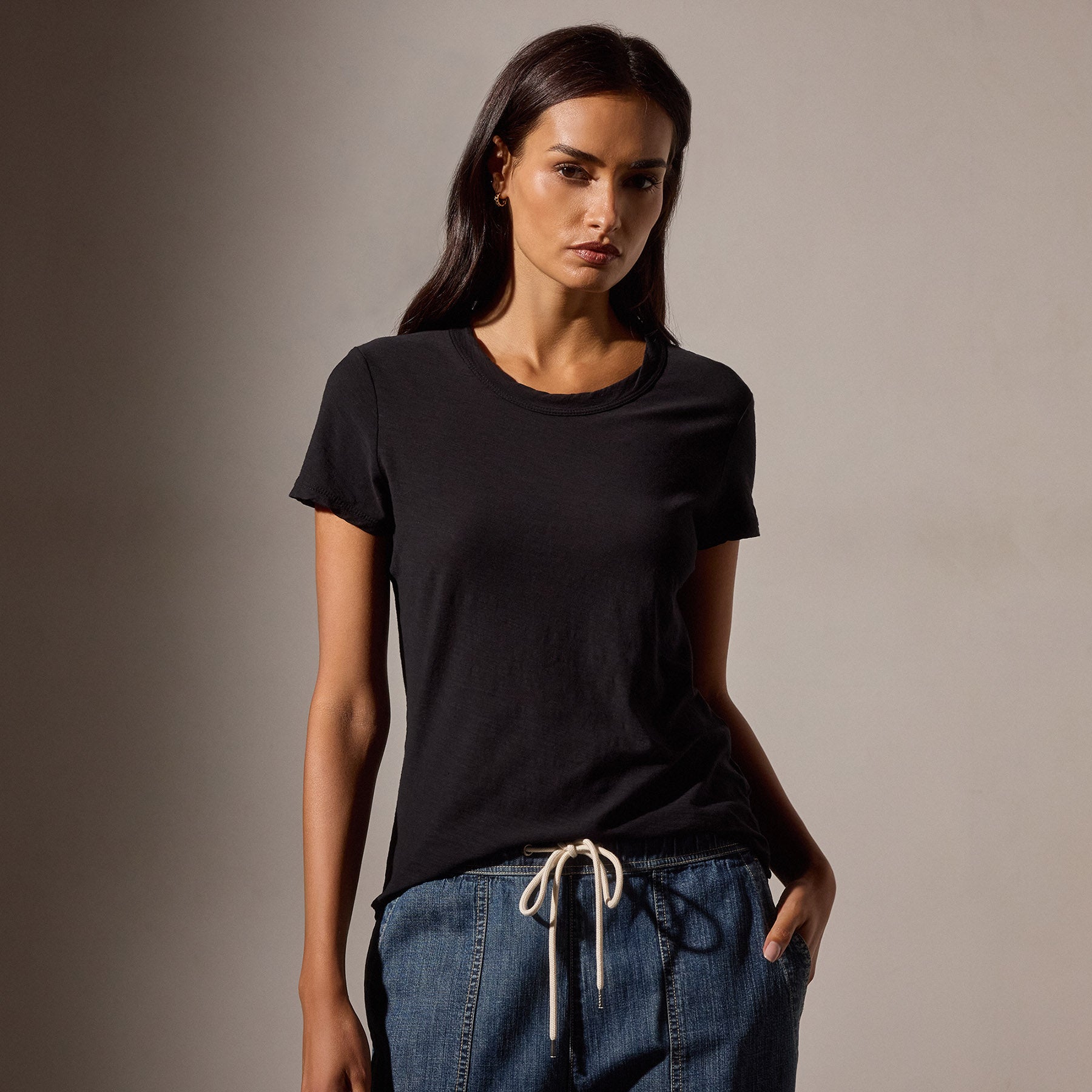 Sheer Slub Crew Neck T-Shirt for Women - Soft & Breathable Black Tee - Casual & Layering Essential for Everyday Wear