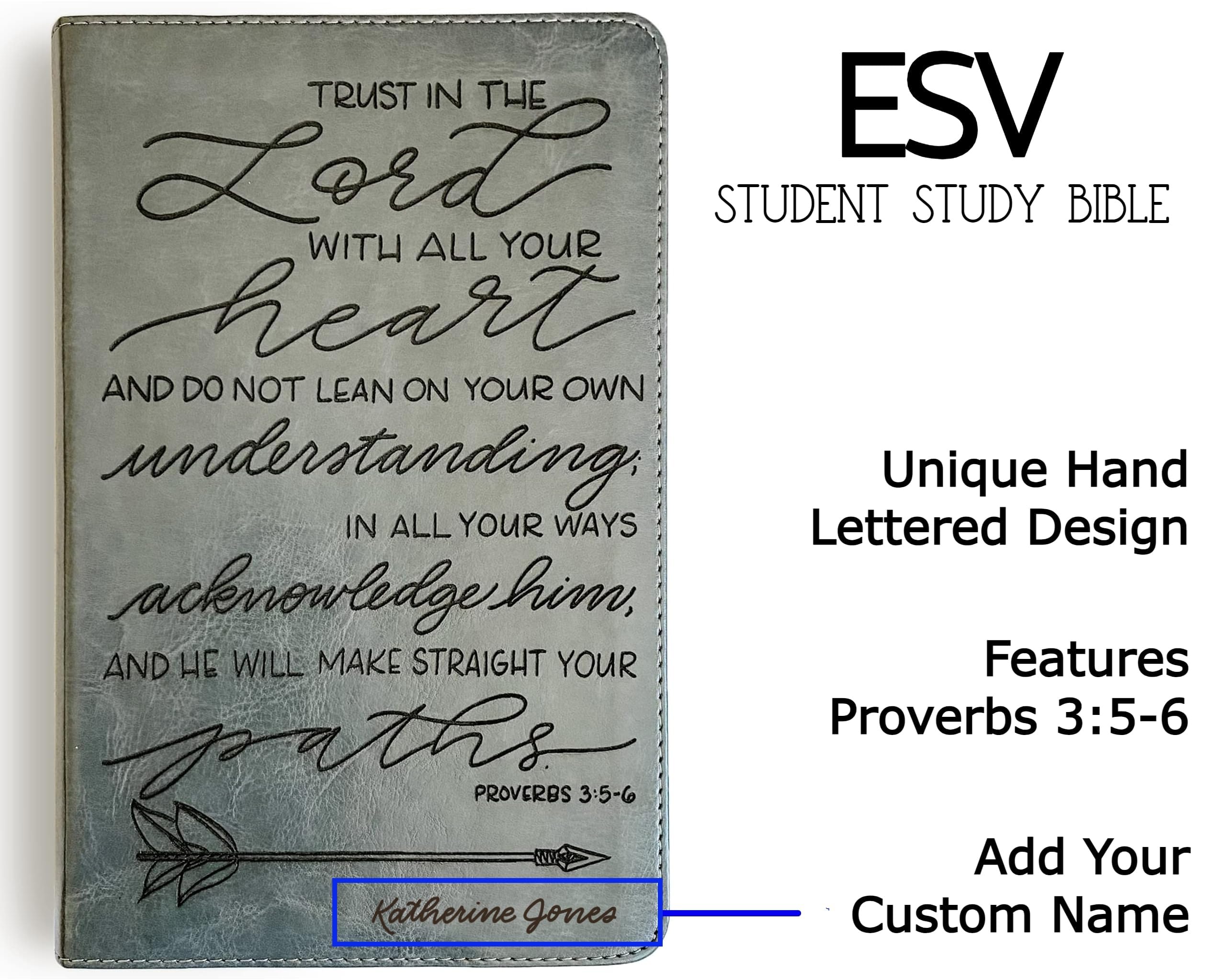 Hand Lettered & Laser Engraved ESV Bible - Gray TruTone Leather Cover Study Bible for Students | Personalized Gift with Custom Name Engraving | Perfect for Graduation, Confirmation & Daily Devotion