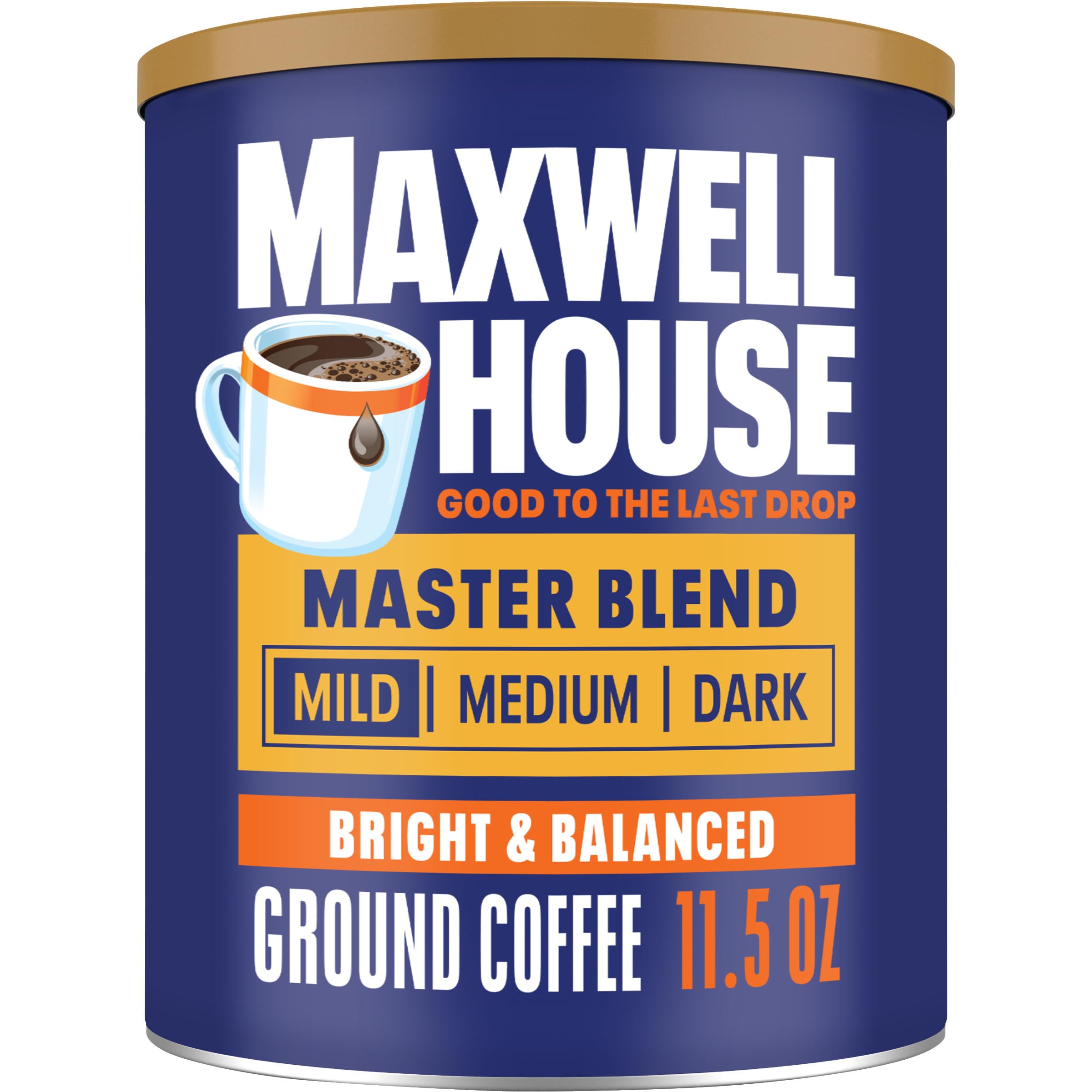 Maxwell House Master Blend Light Roast Ground Coffee - 11.5 oz Canister | Smooth & Balanced Flavor | Perfect for Morning Brew, Office Use & Camping Trips