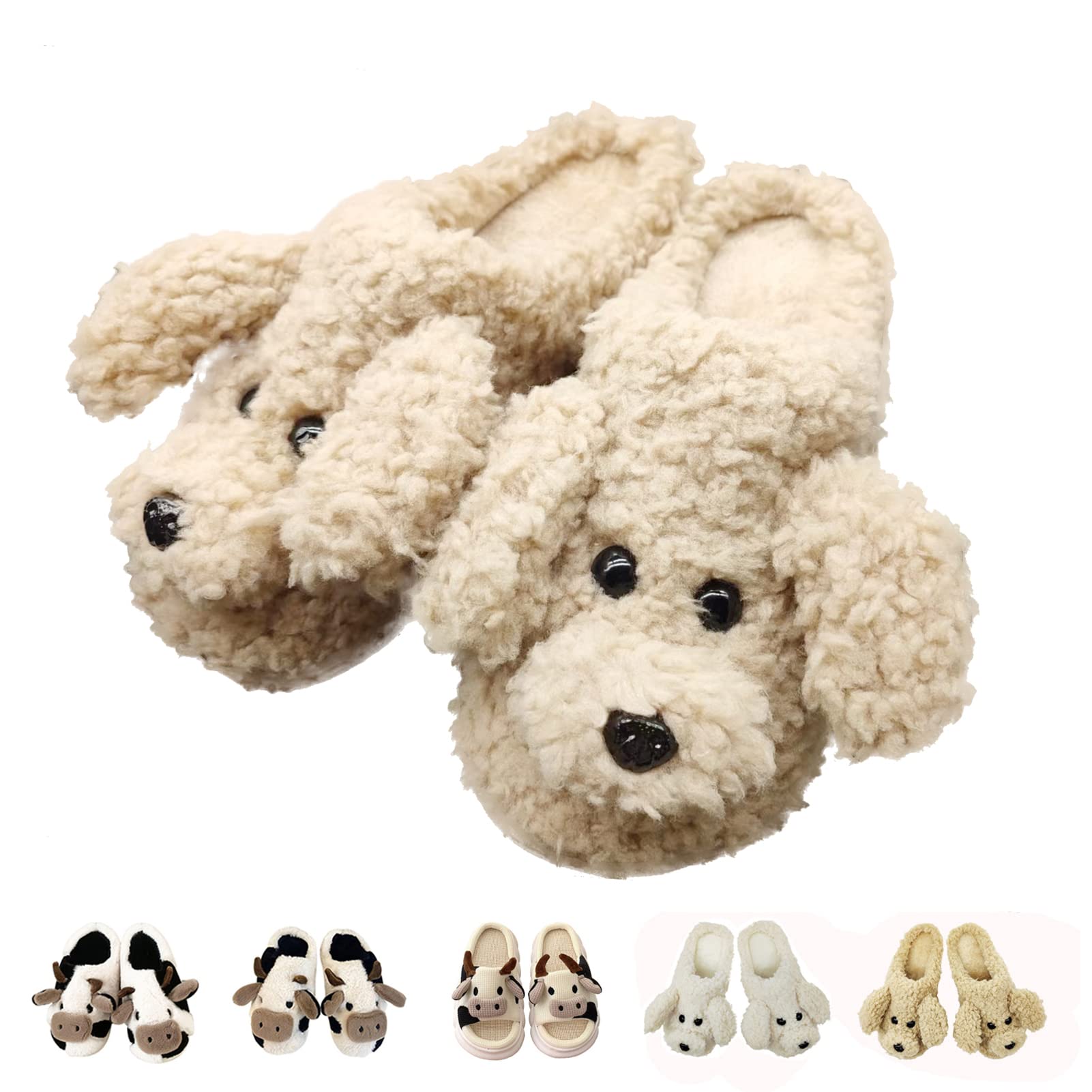 Women's Warm Fuzzy Animal Slippers - Cute Cow & Teddy Dog Plush House Shoes for Indoor/Outdoor Use - Cozy Comfort for Lounging, Relaxing at Home