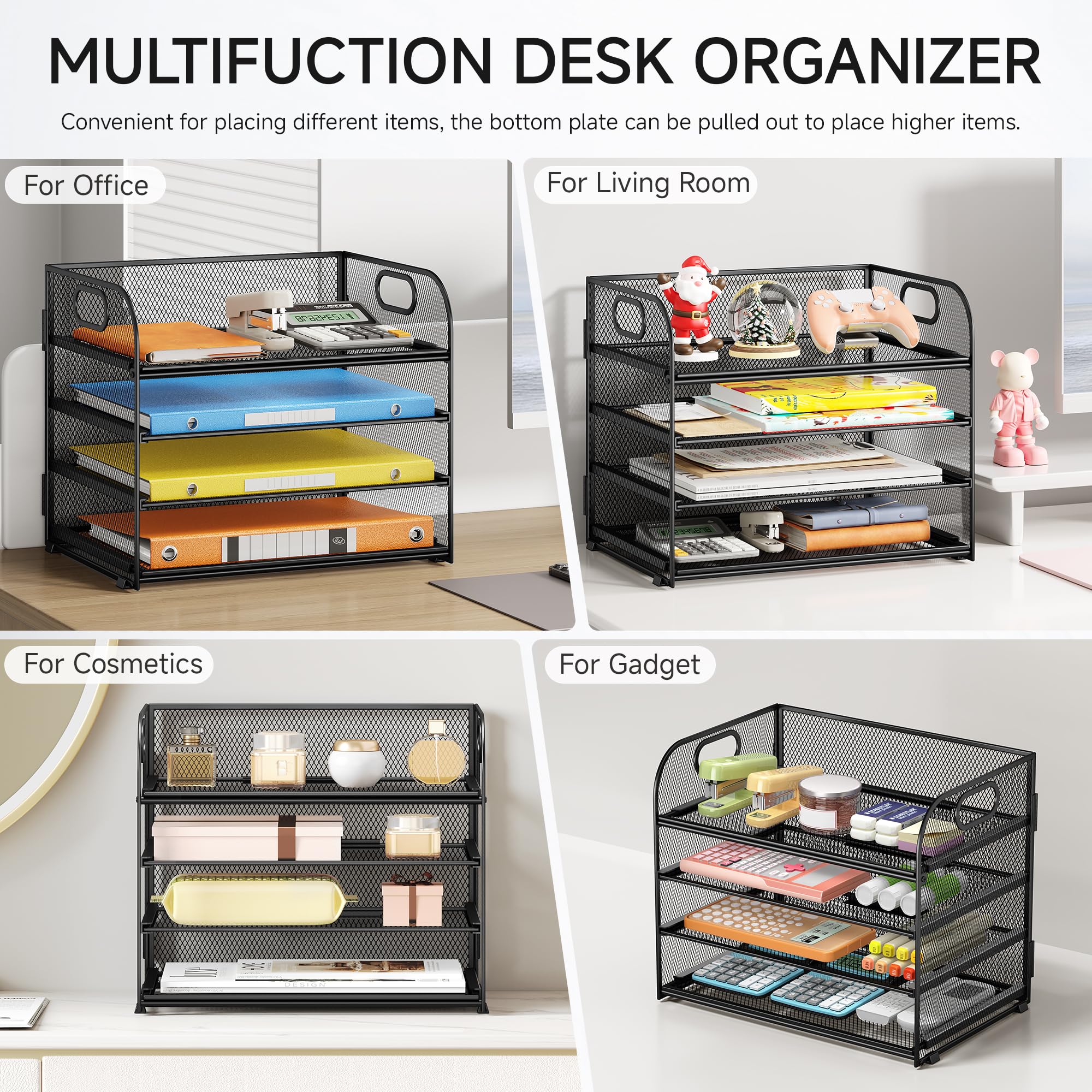 Lavatino 4-Tier Mesh Paper Organizer for Desk with Handle - Black Office & Classroom File Storage Tray - Perfect for Documents, Notebooks, and School Supplies Organization