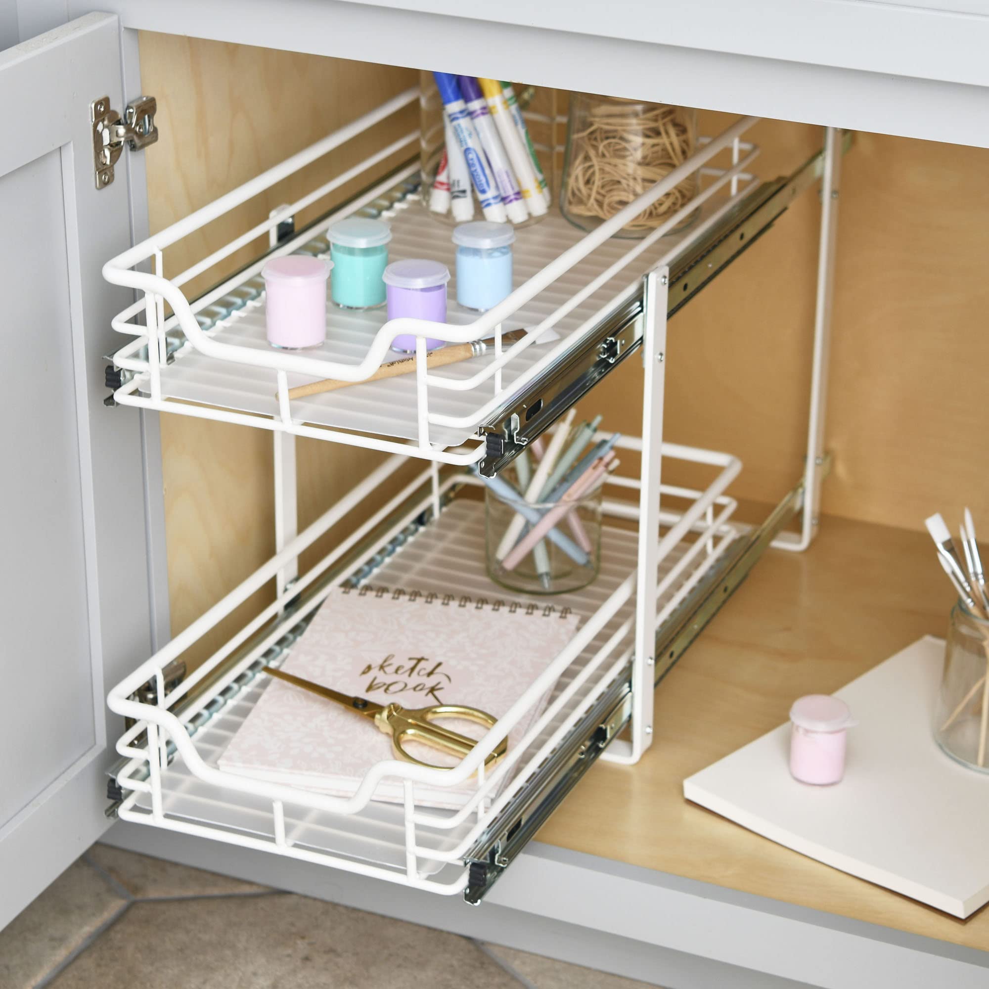 Glidez Multipurpose Powder-Coated Steel Pull-Out Cabinet Organizer with Plastic Liners - 2-Tier Dual-Slide Under Sink Storage for Kitchen & Bathroom - Fits Standard Cabinets (White) | Space-Saving Solution for Spices, Cleaning Supplies & Toiletries