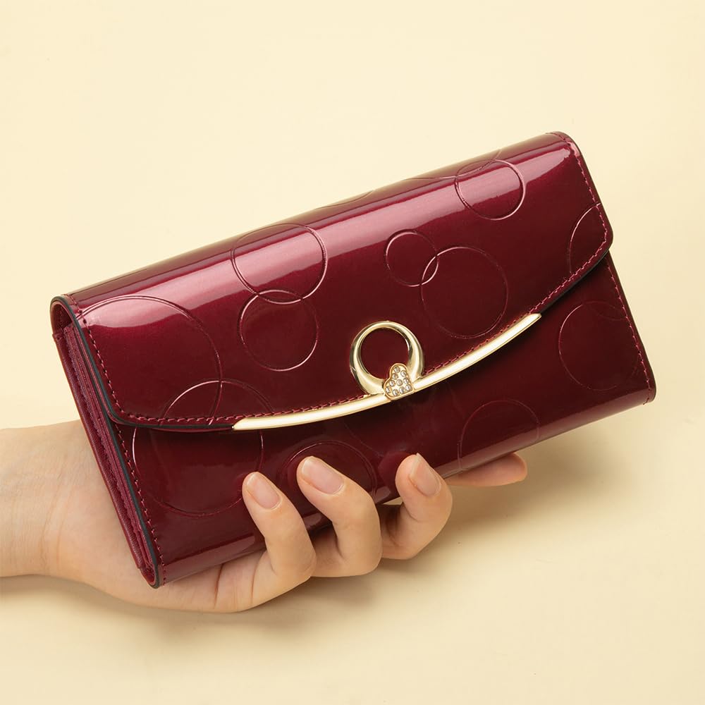 Genuine Leather Women's Wallet - 3 Fold RFID Blocking & Magnetic Closure Anti-Theft Design, Large Capacity with Buckle & Embossed Pattern (Wine Red) | Perfect for Everyday Use, Travel & Gift Giving