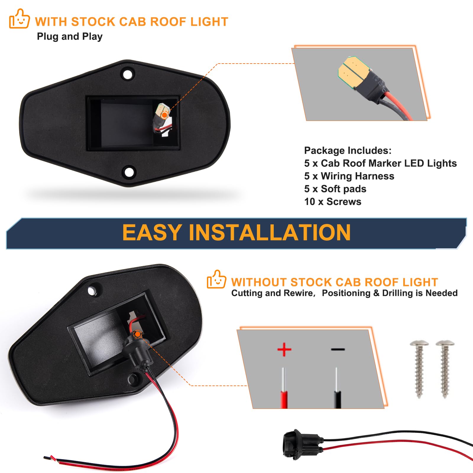 POPMOTORZ 5PCS Amber LED Cab Roof Lights - Clear Lens Marker Lamps for 1973-1997 Ford F150 F250 F350 F450 Super Duty Trucks | Durable Roof Running Lights for Enhanced Night Visibility & Safety