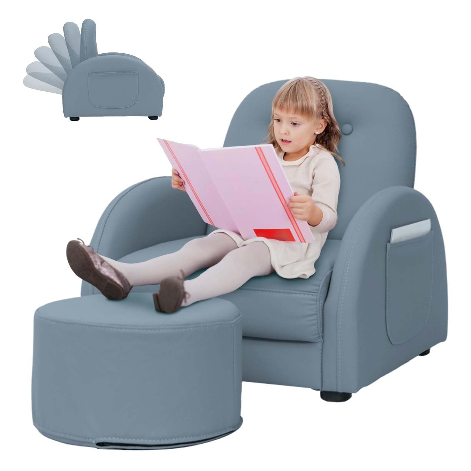 MOOITZ Kids Recliner Chair with Ottoman - Adjustable Toddler Recliner with 5 Backrest Positions, Waterproof & Stain-Resistant Leatherette - Perfect for Playroom, Bedroom or TV Time (Blue)