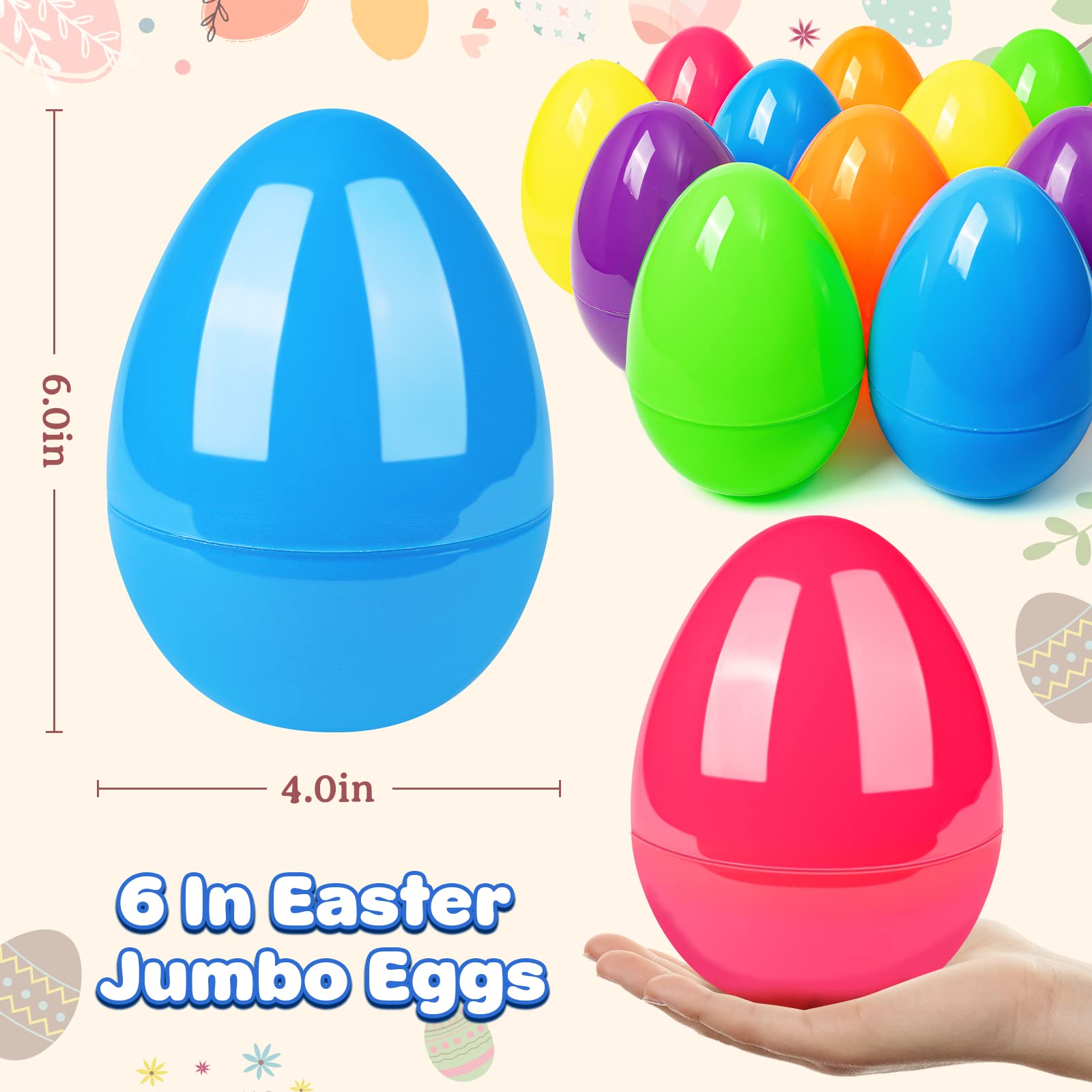 BainGesk 12-Piece 6-Inch Jumbo Plastic Easter Eggs - Large Fillable Easter Basket Stuffers for Egg Hunts, Candy & Toy Storage - Easter Party Favors & Decorations for Kids (Great for Easter Celebrations, Classroom Activities & Spring Festivals)