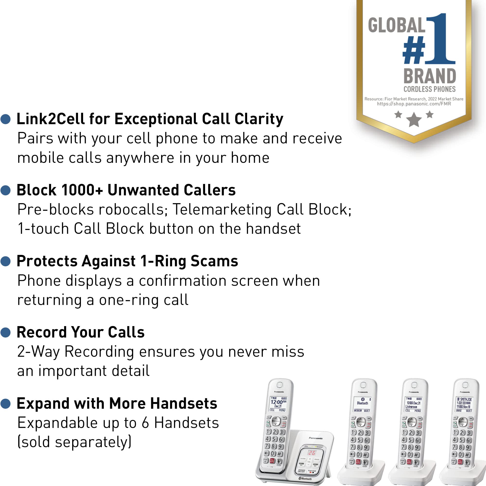 Panasonic KX-TGD864W Cordless Phone System - 4 Handsets, Answering Machine, Bluetooth Link2Cell, Voice Assistant & Call Blocking | Home & Office Communication Solution (White)
