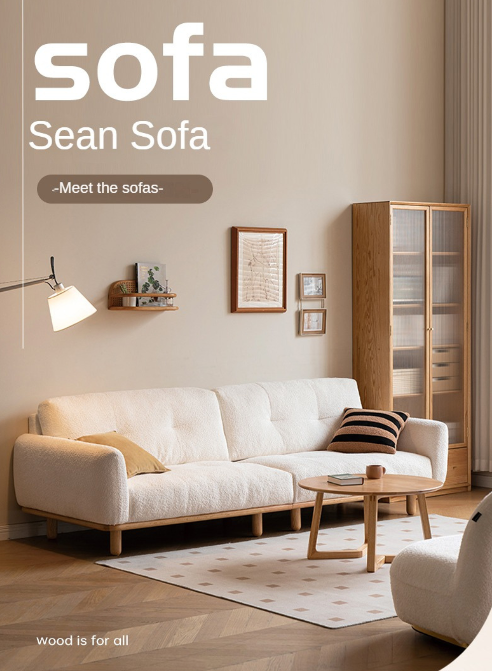 Oak Solid Wood Lamb Fleece Sofa - White Cream Modern Style | Cozy Living Room Furniture for Home Decor
