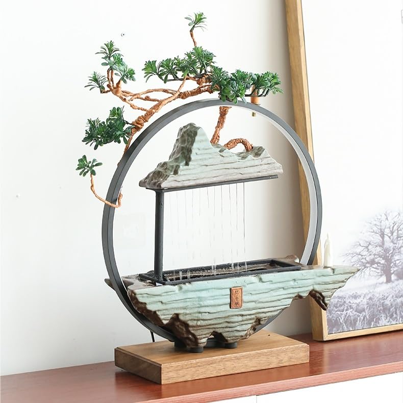 Zen Desktop Water Fountain with Rockery & Feng Shui Wheel - Small Tabletop Fountain for Home Office Decor, Relaxing Indoor Water Feature with Circulating Pump - Perfect for Meditation, Stress Relief & Feng Shui Wealth Enhancement