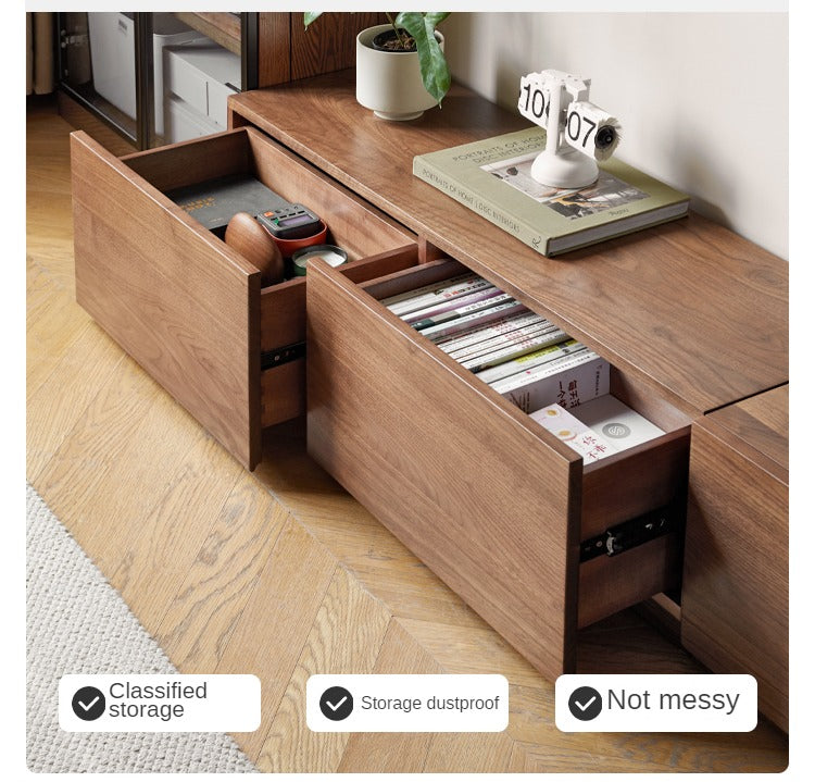 Premium Black Walnut & Ash Solid Wood TV Stand with Floor Splicing Design - Perfect for Living Room, Home Theater & Entertainment Center Setup