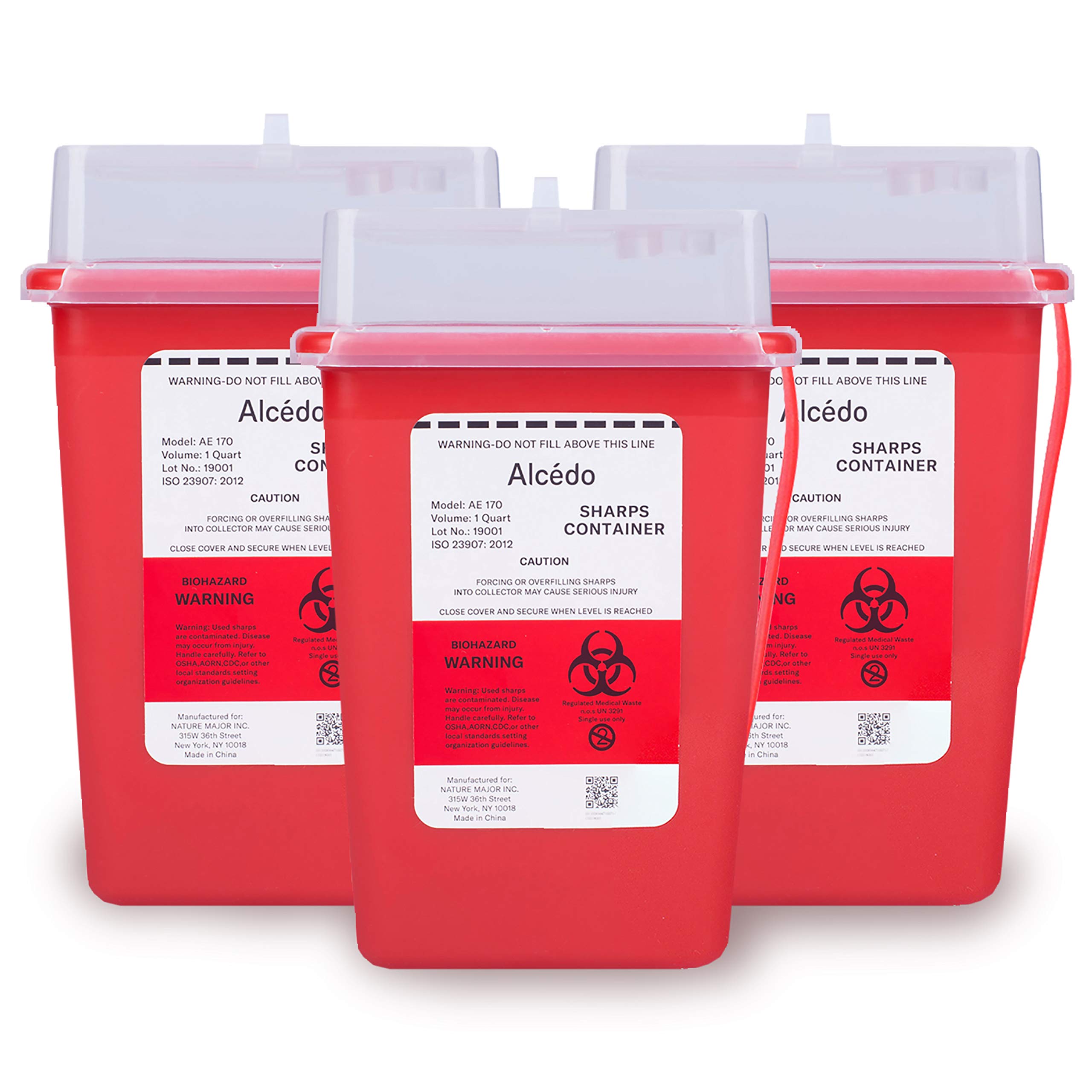 Alcedo 1 Quart (3-Pack) Sharps Container - Safe Biohazard Needle & Syringe Disposal for Home, Clinic & Travel | Portable Medical Waste Bin for Diabetics, Tattoo Artists & Healthcare Professionals | Ideal for Insulin Pens, Lancets & Medical Sharps Disposal