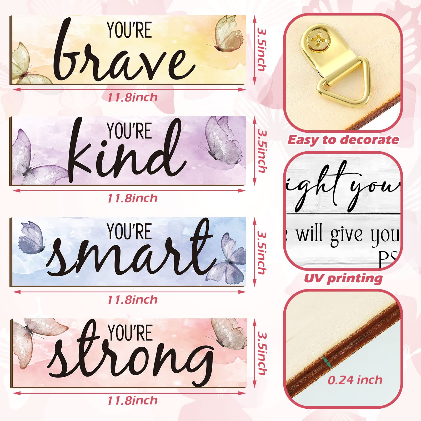 4-Piece Butterfly Inspirational Quote Wooden Wall Art - Motivational Home Decor for Women & Girls - Rustic Room Signs for Bedroom, Office, Nursery & Living Room - Perfect for Gifts & Home Decoration