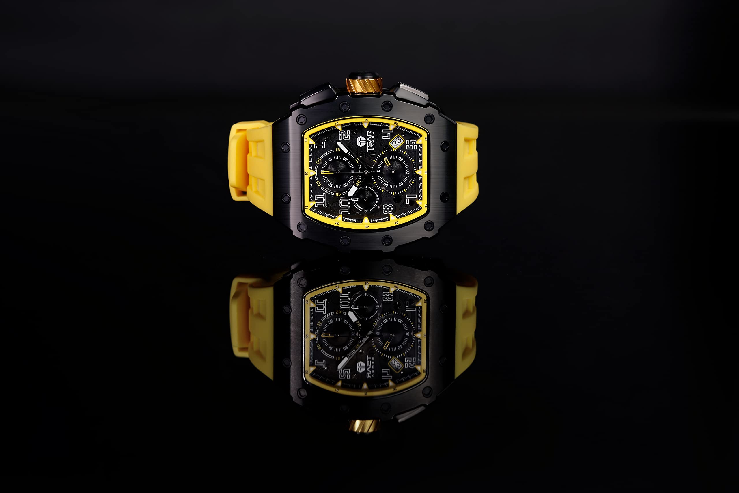 TSAR BOMBA Luxury Men's Watch - Tonneau Sapphire Crystal Japanese Quartz Chronograph with Luminous Hands, 50M Water Resistant Rubber Strap - Perfect for Business, Diving & Gift Giving